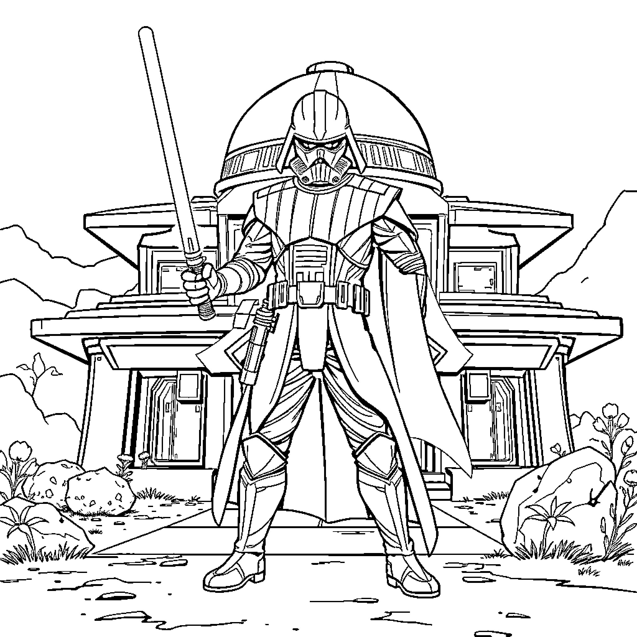 Star Wars Man Standing Proudly Before Futuristic Palace Coloring Page (free black-and-white line drawing printable PDF for all, from beginners to advanced learners, including children, teens, adults, and seniors)
