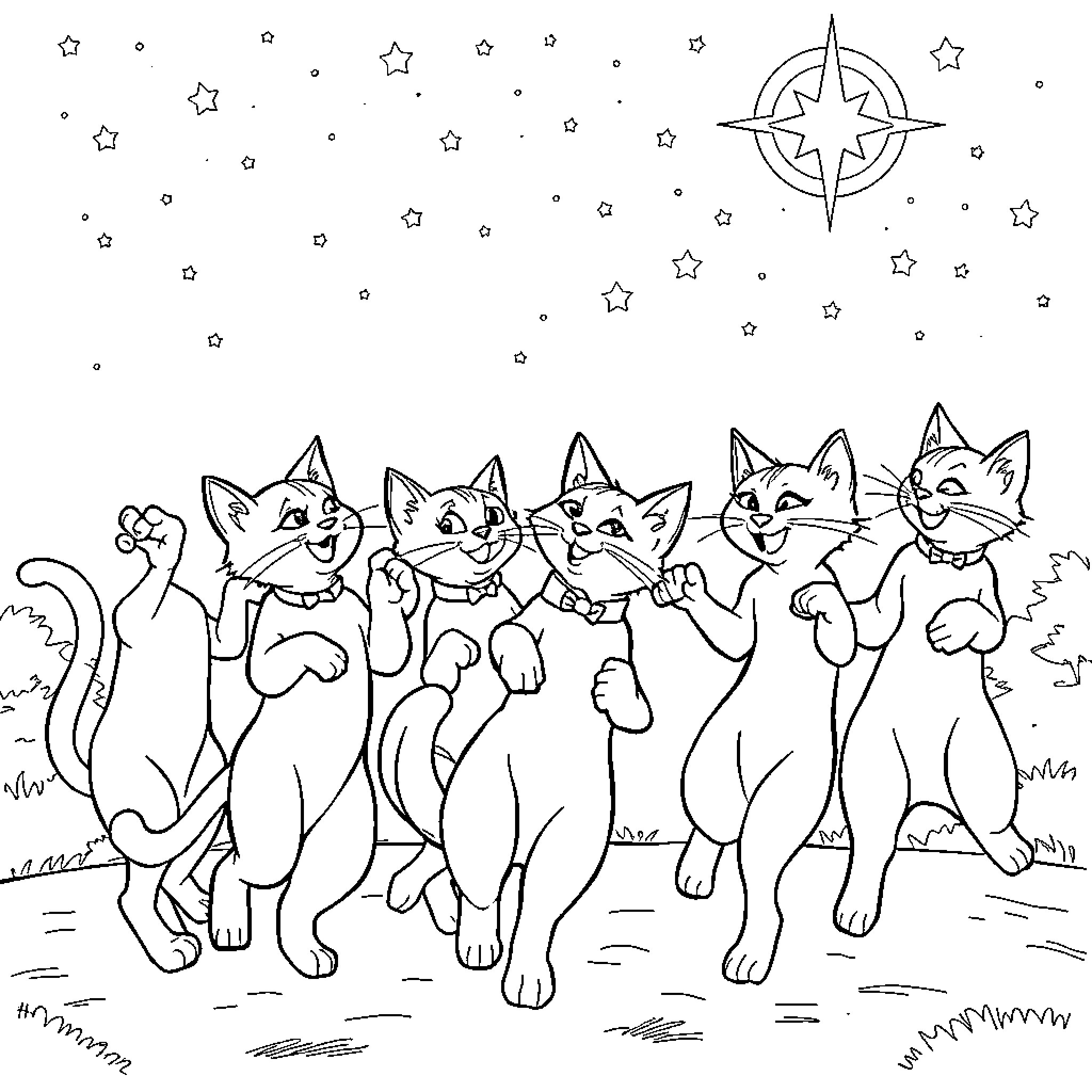 Aristocat: Feline Frolics Under the Stars Coloring Page (free black-and-white line drawing printable PDF for all, from beginners to advanced learners, including children, teens, adults, and seniors)