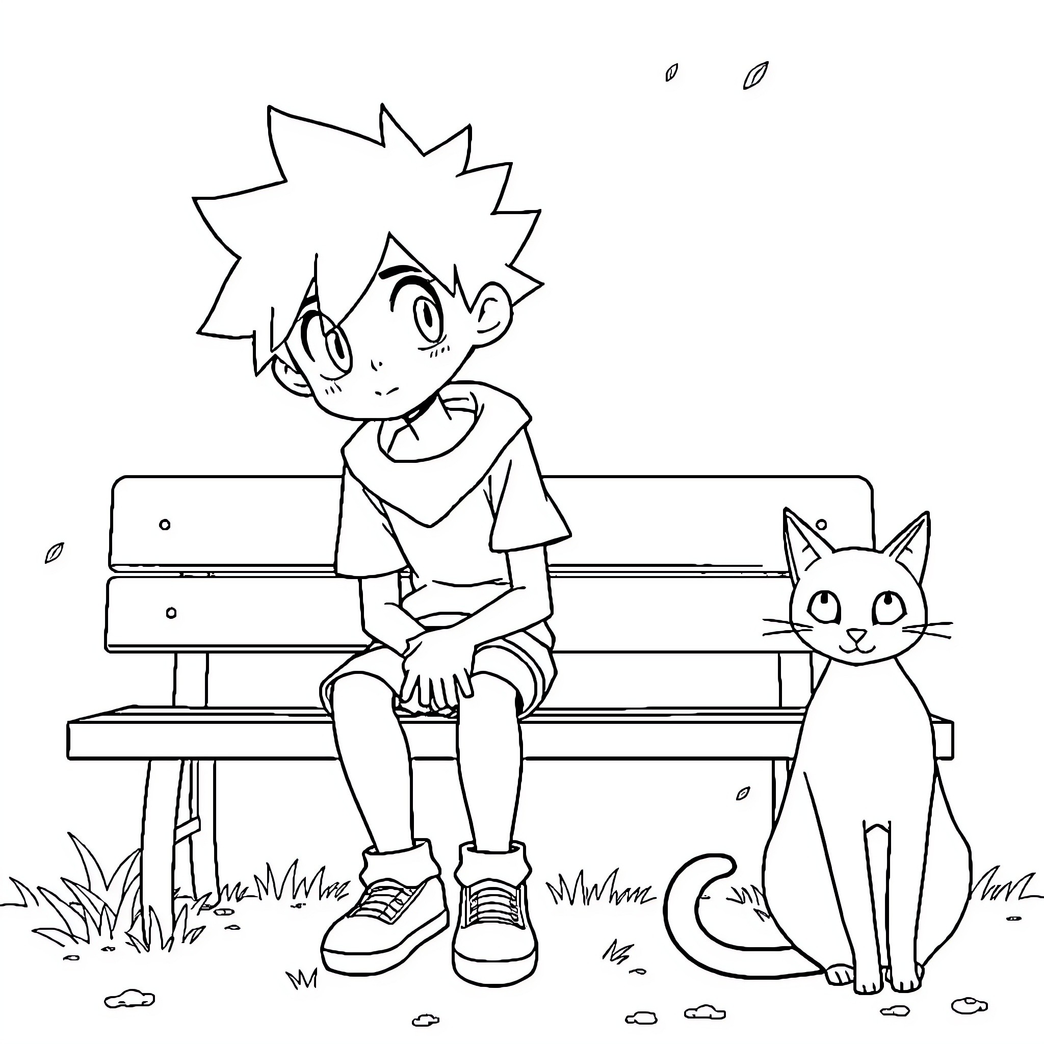Deku relaxing on a bench with a cat Coloring Page (free black-and-white line drawing printable PDF for all, from beginners to advanced learners, including children, teens, adults, and seniors)