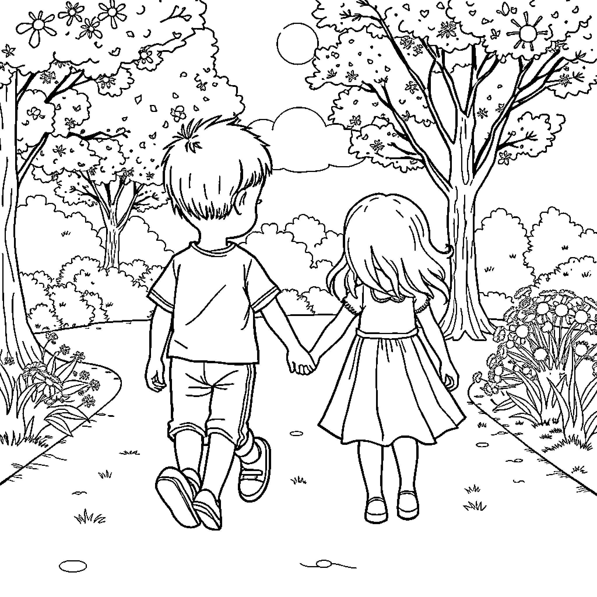 Child's Whimsical Adventure in the Enchanted Forest Coloring Page (free black-and-white line drawing printable PDF for all, from beginners to advanced learners, including children, teens, adults, and seniors)