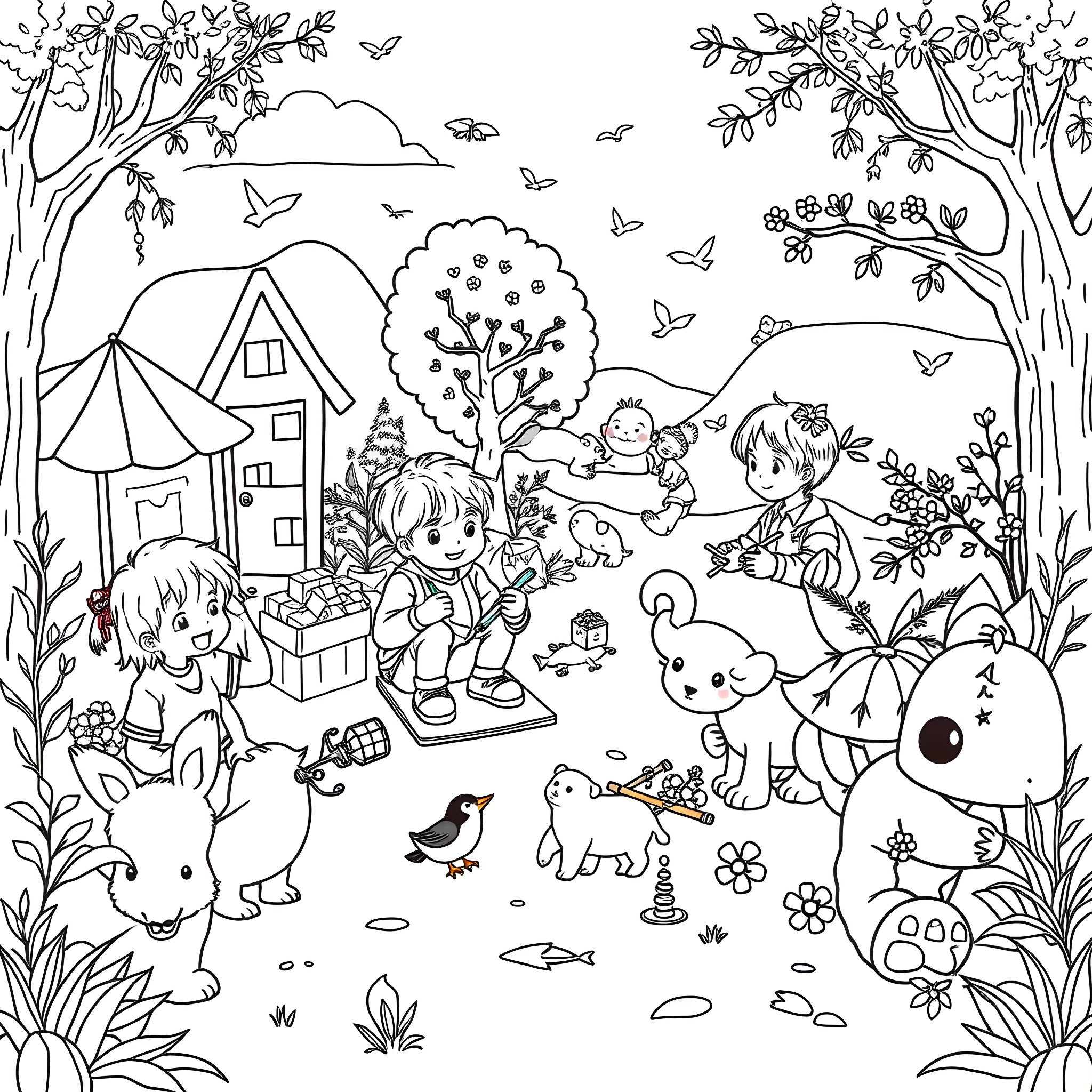 Kids playing outdoors in nature with animals Coloring Page (free black-and-white line drawing printable PDF for all, from beginners to advanced learners, including children, teens, adults, and seniors)