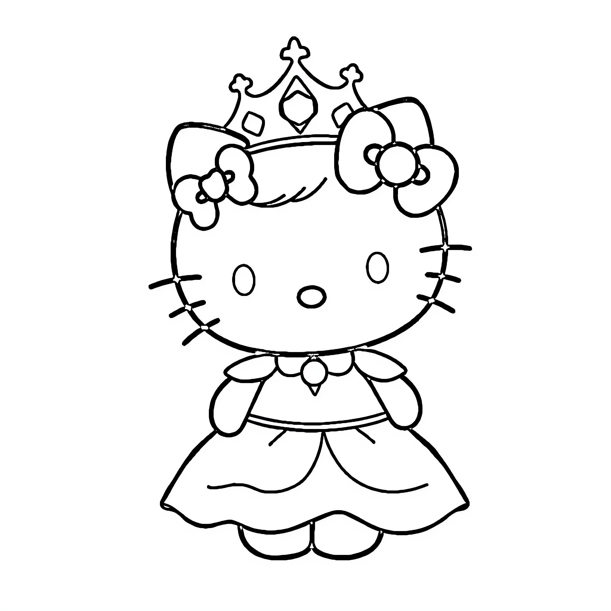 Hello Kitty depicted as a royal princess Coloring Page (free black-and-white line drawing printable PDF for all, from beginners to advanced learners, including children, teens, adults, and seniors)