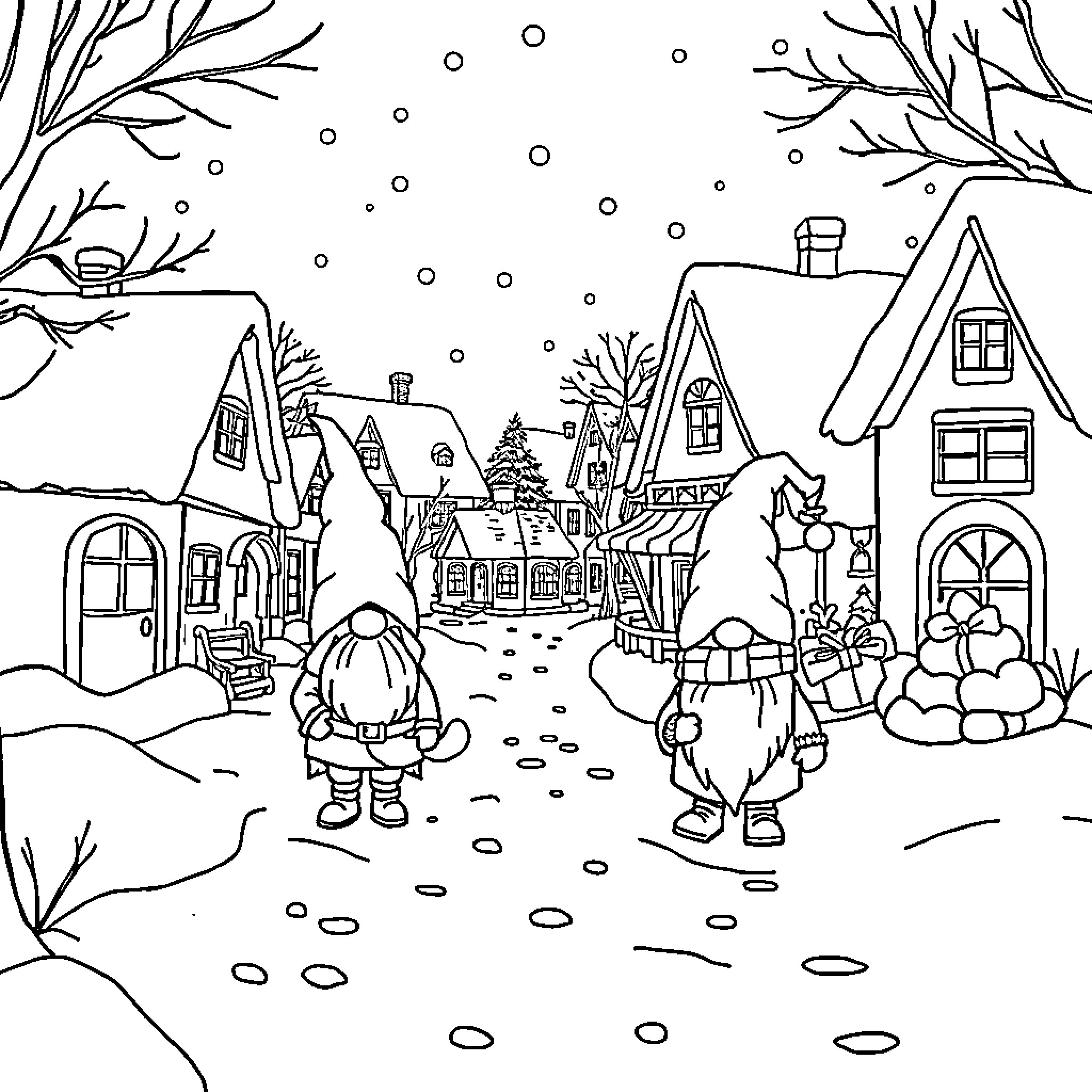 Gnome figures walking in snowy winter village Coloring Page (free black-and-white line drawing printable PDF for all, from beginners to advanced learners, including children, teens, adults, and seniors)