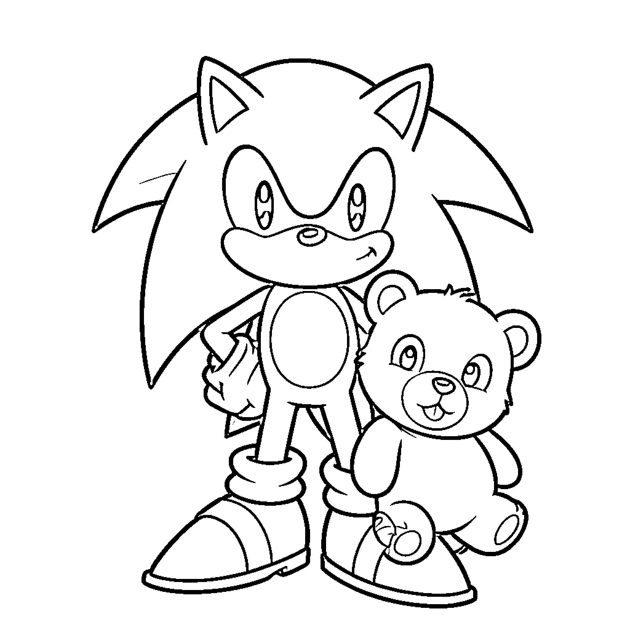 Sonic smiling while standing next to a teddy bear Coloring Page (free black-and-white line drawing printable PDF for all, from beginners to advanced learners, including children, teens, adults, and seniors)