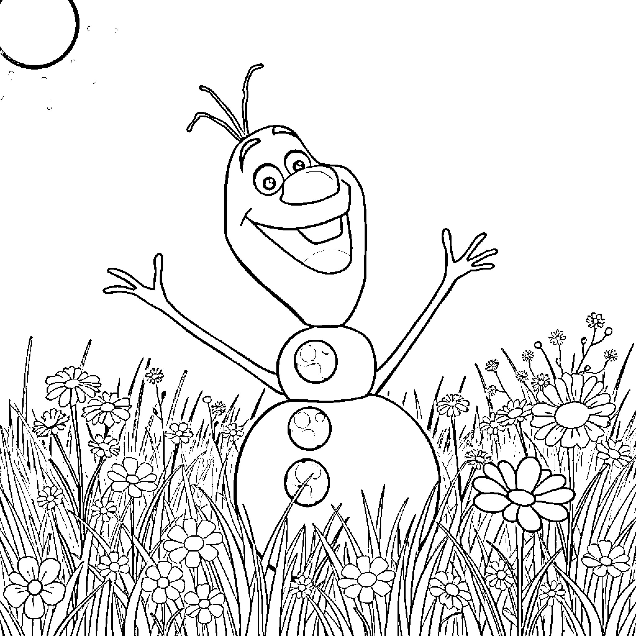 Olaf frolicking joyfully in a flowery meadow Coloring Page (free black-and-white line drawing printable PDF for all, from beginners to advanced learners, including children, teens, adults, and seniors)