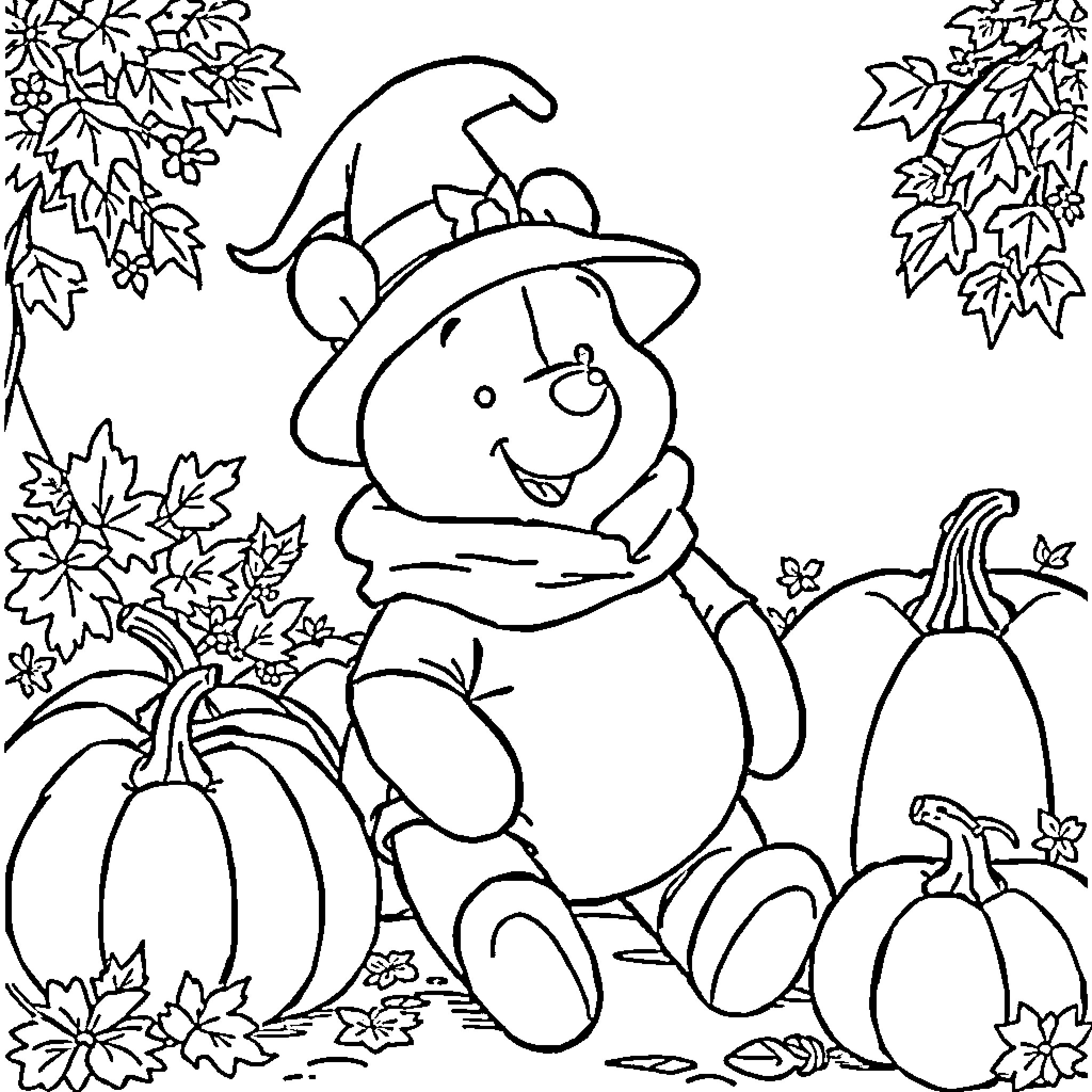 Pooh Bear Enjoying Autumn Scenery with Pumpkins Coloring Page (free black-and-white line drawing printable PDF for all, from beginners to advanced learners, including children, teens, adults, and seniors)