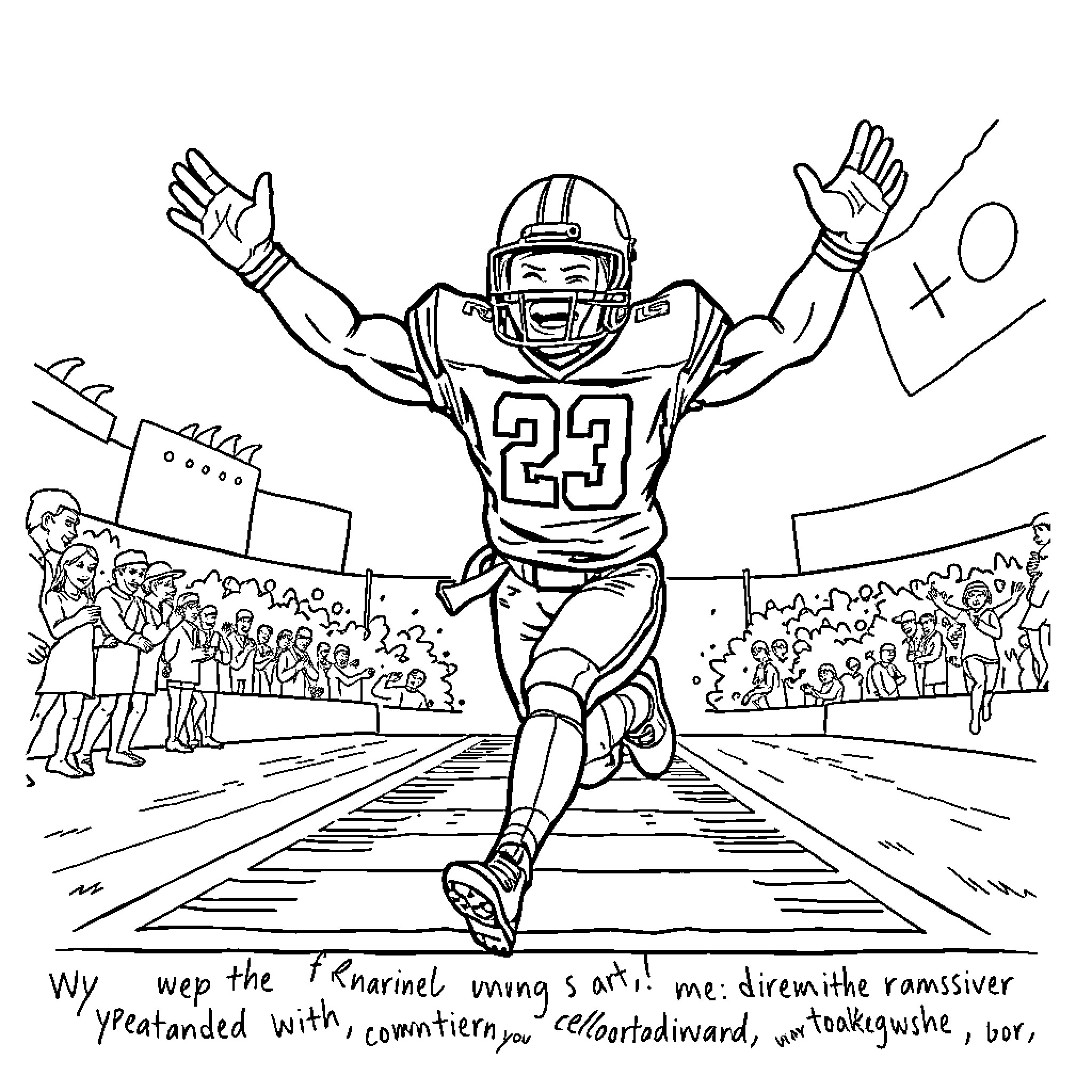 Football Player Celebrating Victory on the Field Coloring Page (free black-and-white line drawing printable PDF for all, from beginners to advanced learners, including children, teens, adults, and seniors)