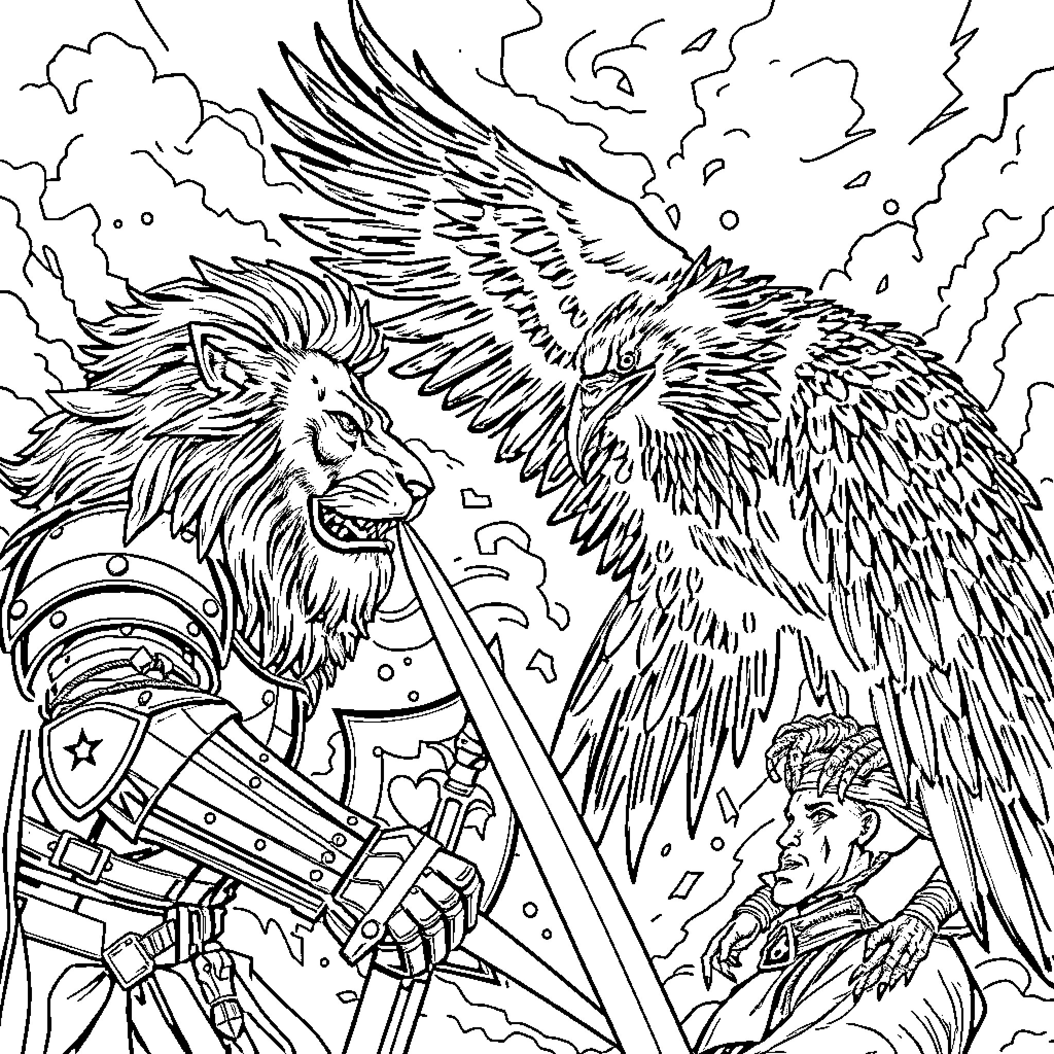 Lion warrior in ornate armor with majestic wings Coloring Page (free black-and-white line drawing printable PDF for all, from beginners to advanced learners, including children, teens, adults, and seniors)