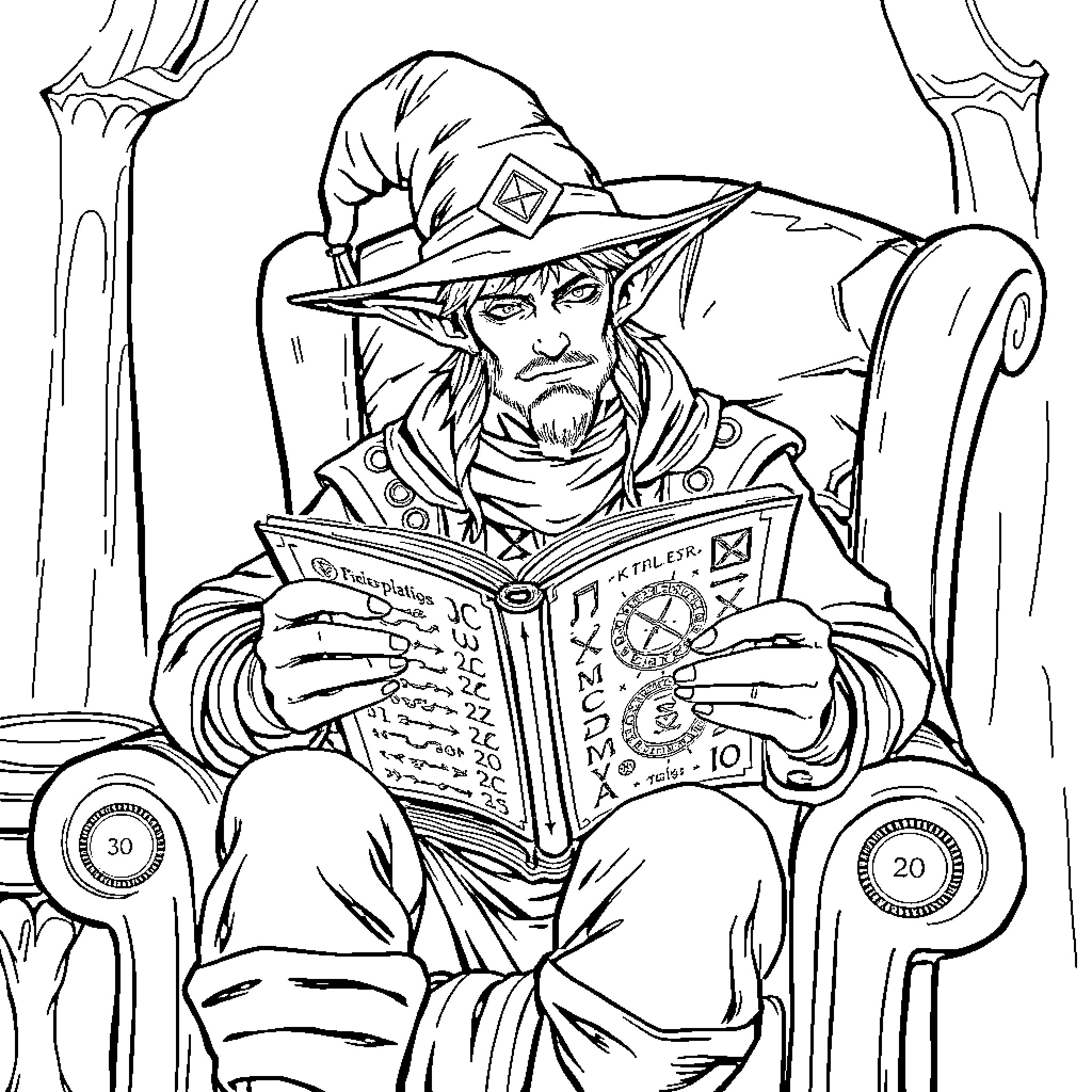 Elias the Wizard Reading an Ancient Tome Coloring Page (free black-and-white line drawing printable PDF for all, from beginners to advanced learners, including children, teens, adults, and seniors)