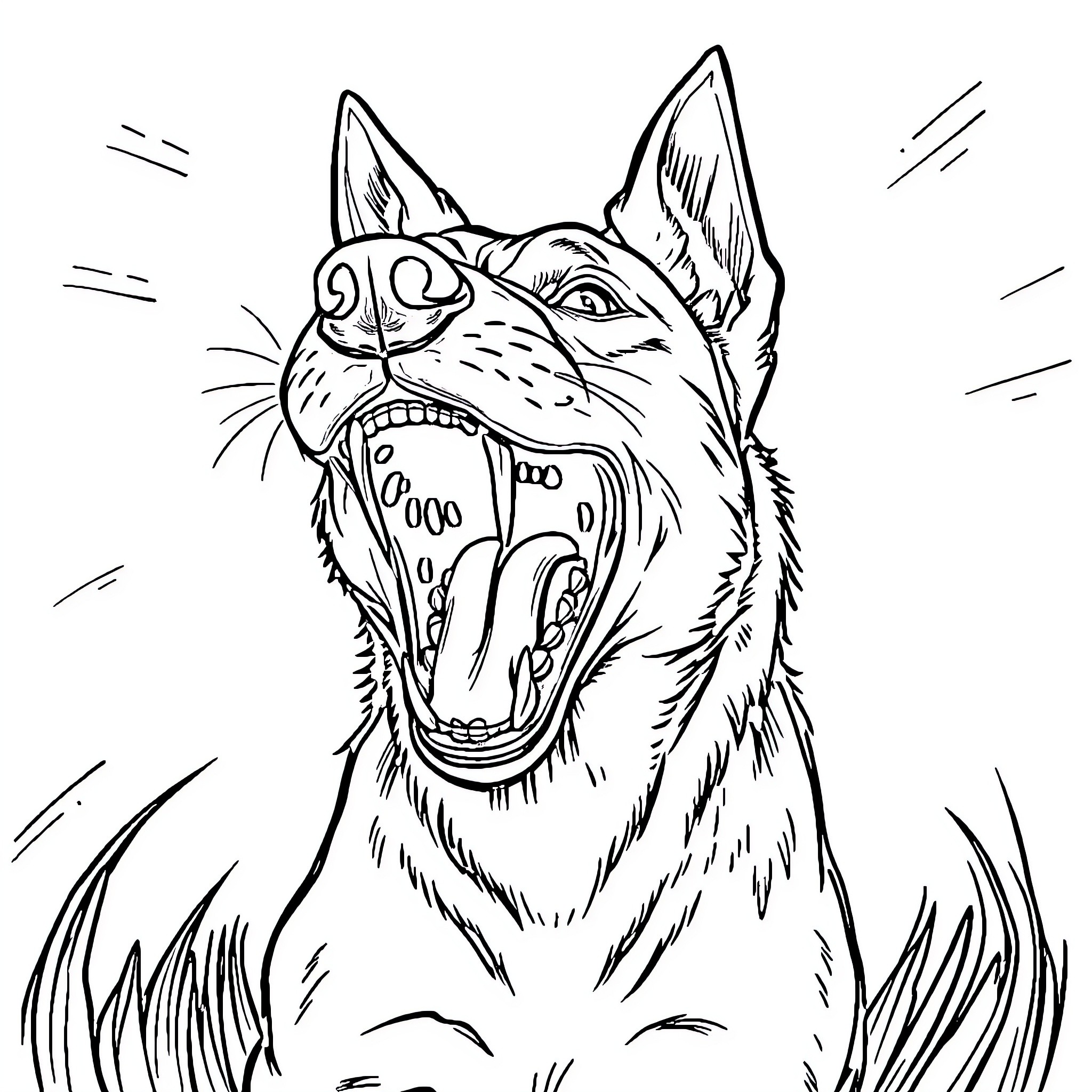Dog barking loudly with open mouth Coloring Page (free black-and-white line drawing printable PDF for all, from beginners to advanced learners, including children, teens, adults, and seniors)