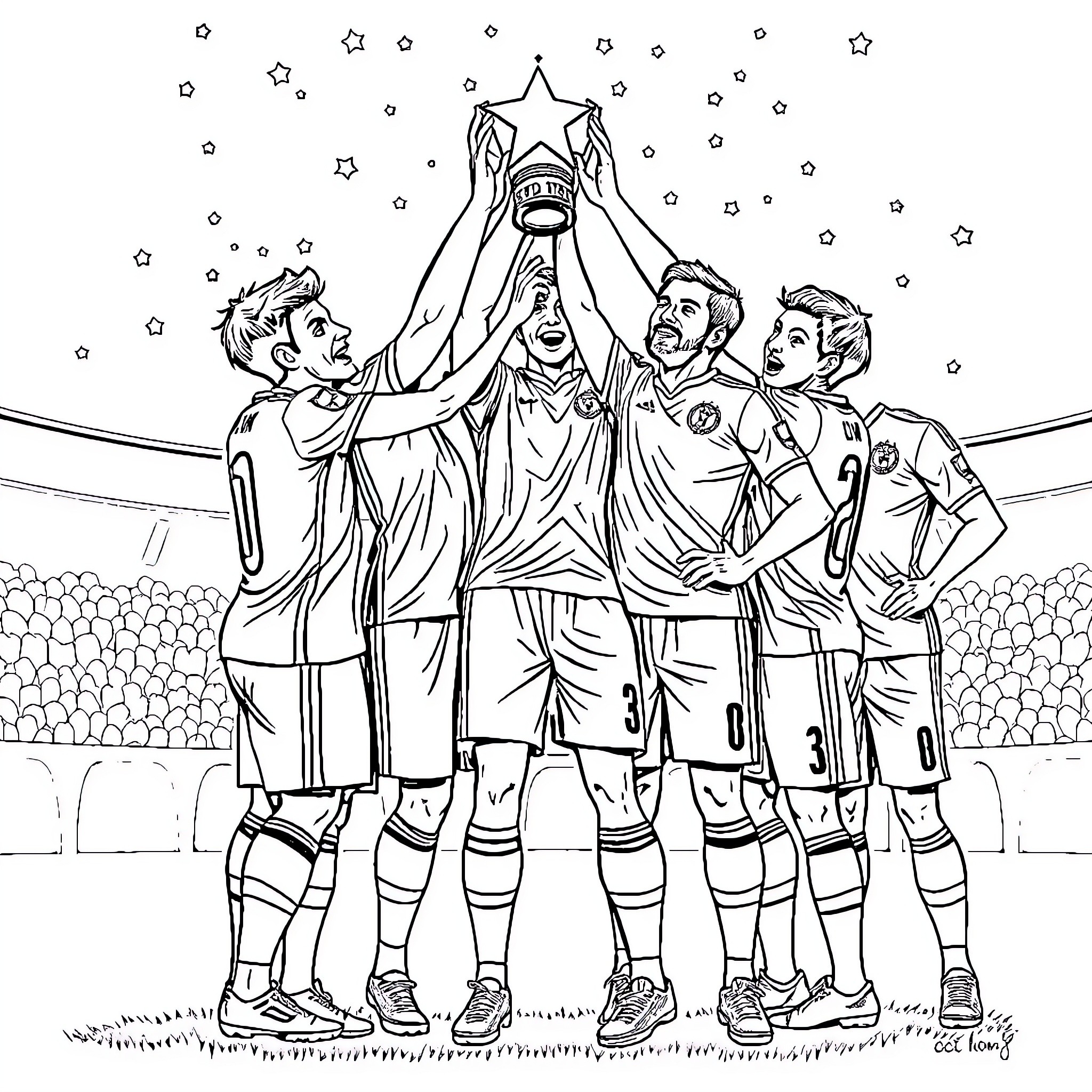 Loup Celebrate Victory on Field Coloring Page (free black-and-white line drawing printable PDF for all, from beginners to advanced learners, including children, teens, adults, and seniors)