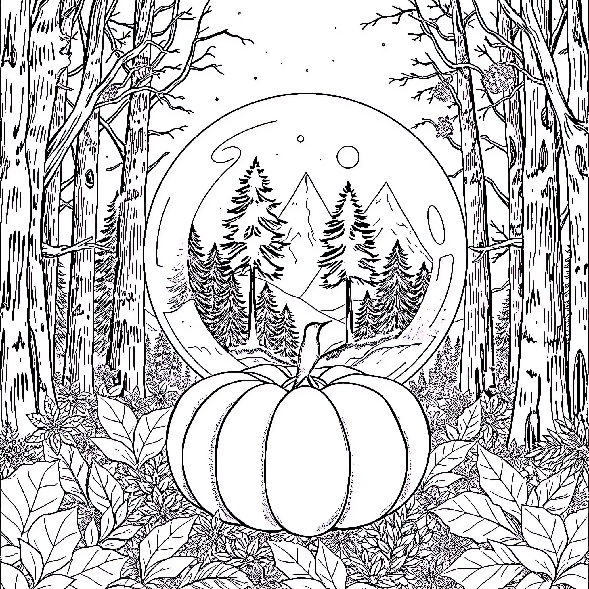 Lamp depicting a cozy forest scene Coloring Page (free black-and-white line drawing printable PDF for all, from beginners to advanced learners, including children, teens, adults, and seniors)