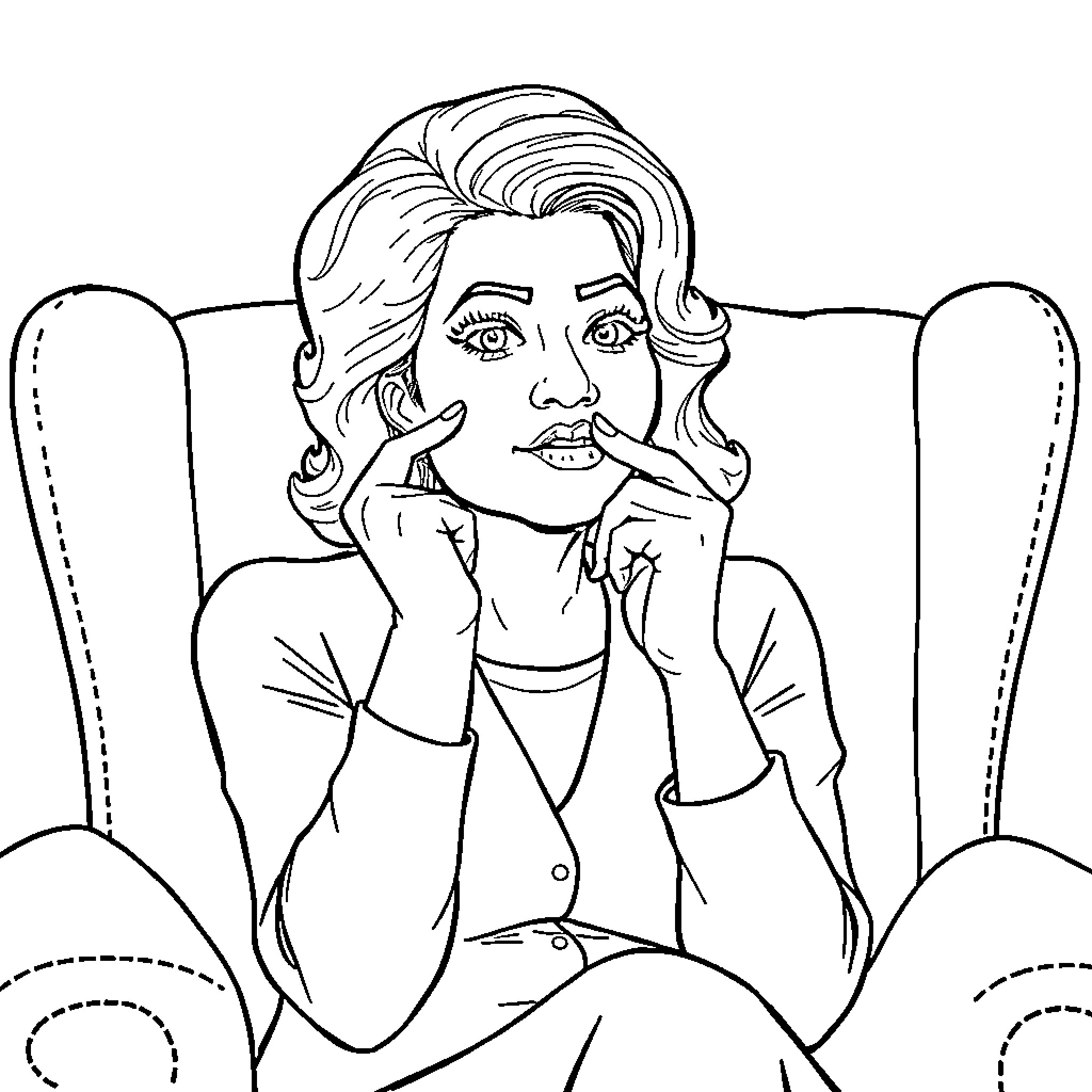 Beverly Perez contemplating thoughtfully in an armchair Coloring Page (free black-and-white line drawing printable PDF for all, from beginners to advanced learners, including children, teens, adults, and seniors)