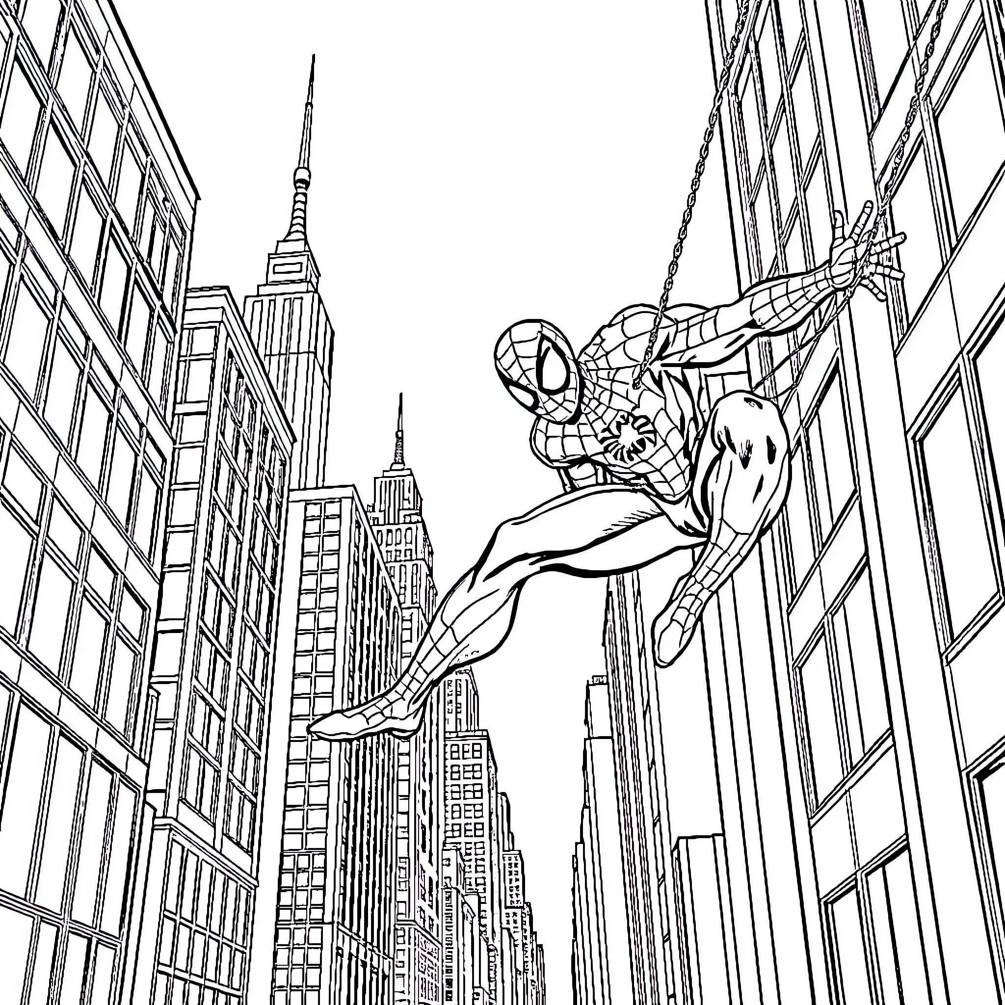 Spiderman swinging through the city skyline Coloring Page (free black-and-white line drawing printable PDF for all, from beginners to advanced learners, including children, teens, adults, and seniors)