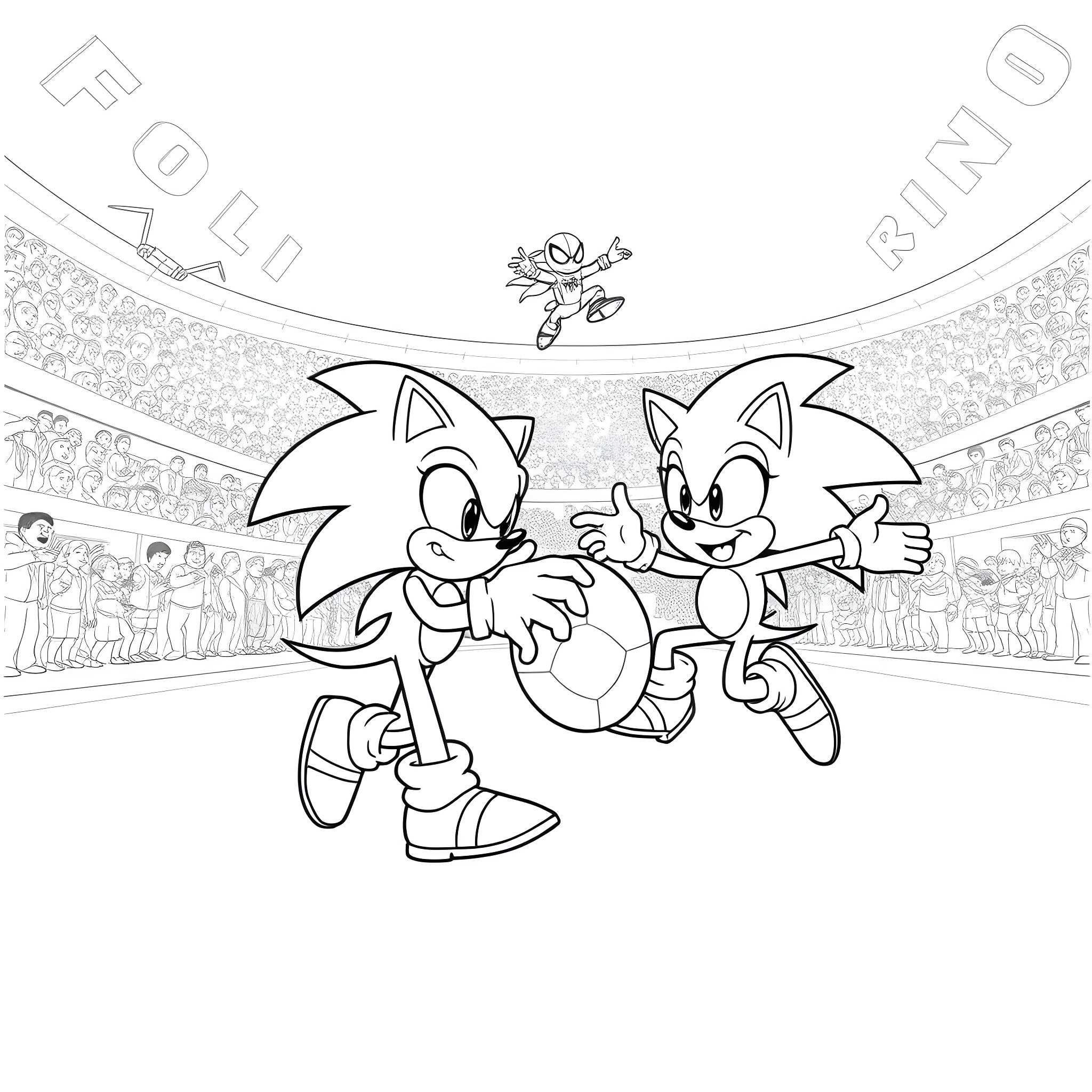 Sonic characters in an action-packed sports stadium Coloring Page (free black-and-white line drawing printable PDF for all, from beginners to advanced learners, including children, teens, adults, and seniors)