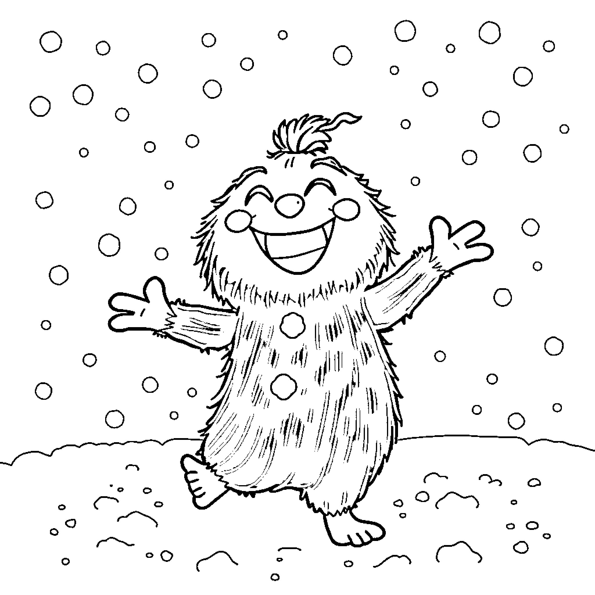Om Nom playing happily in the snow Coloring Page (free black-and-white line drawing printable PDF for all, from beginners to advanced learners, including children, teens, adults, and seniors)