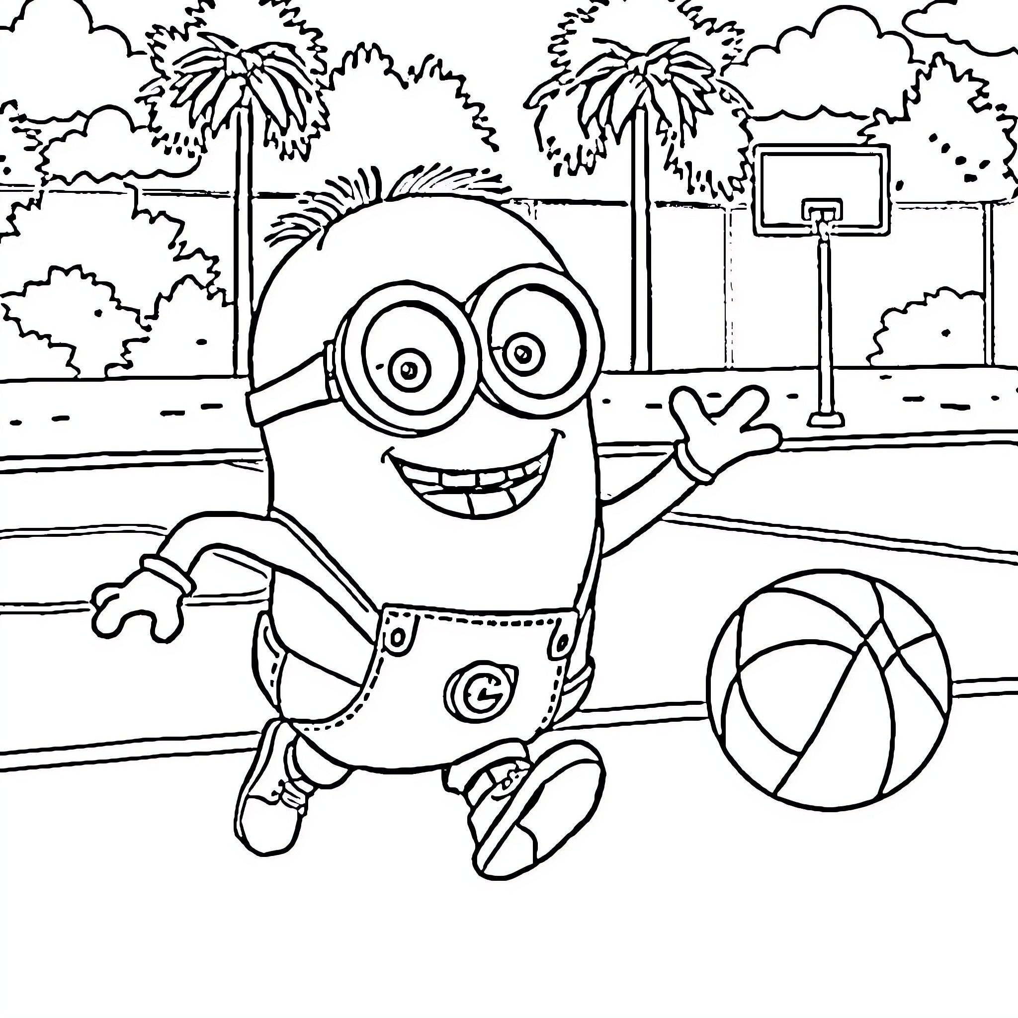 Minion playing happily with basketball on the court Coloring Page (free black-and-white line drawing printable PDF for all, from beginners to advanced learners, including children, teens, adults, and seniors)
