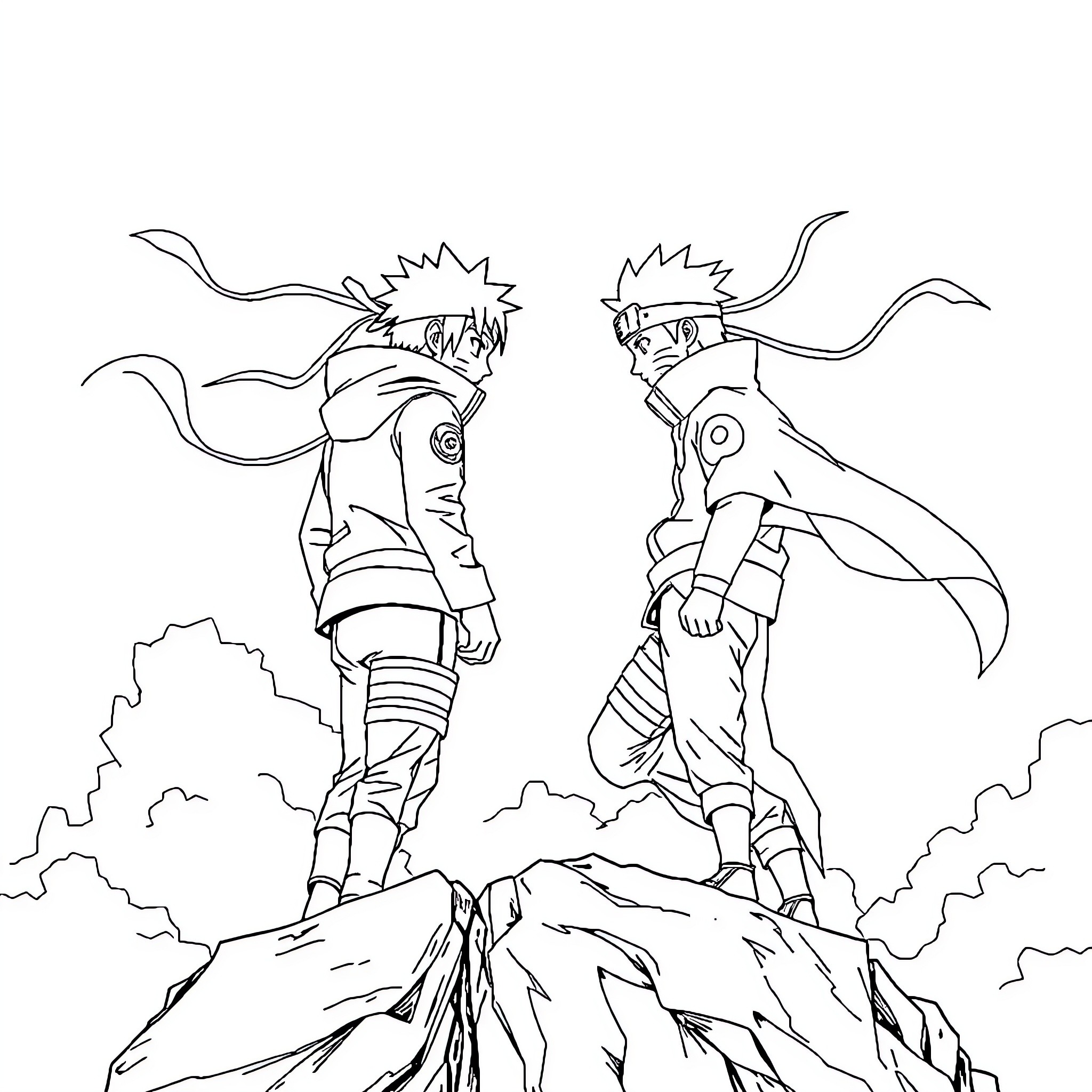 Naruto characters in a fierce face-off Coloring Page (free black-and-white line drawing printable PDF for all, from beginners to advanced learners, including children, teens, adults, and seniors)