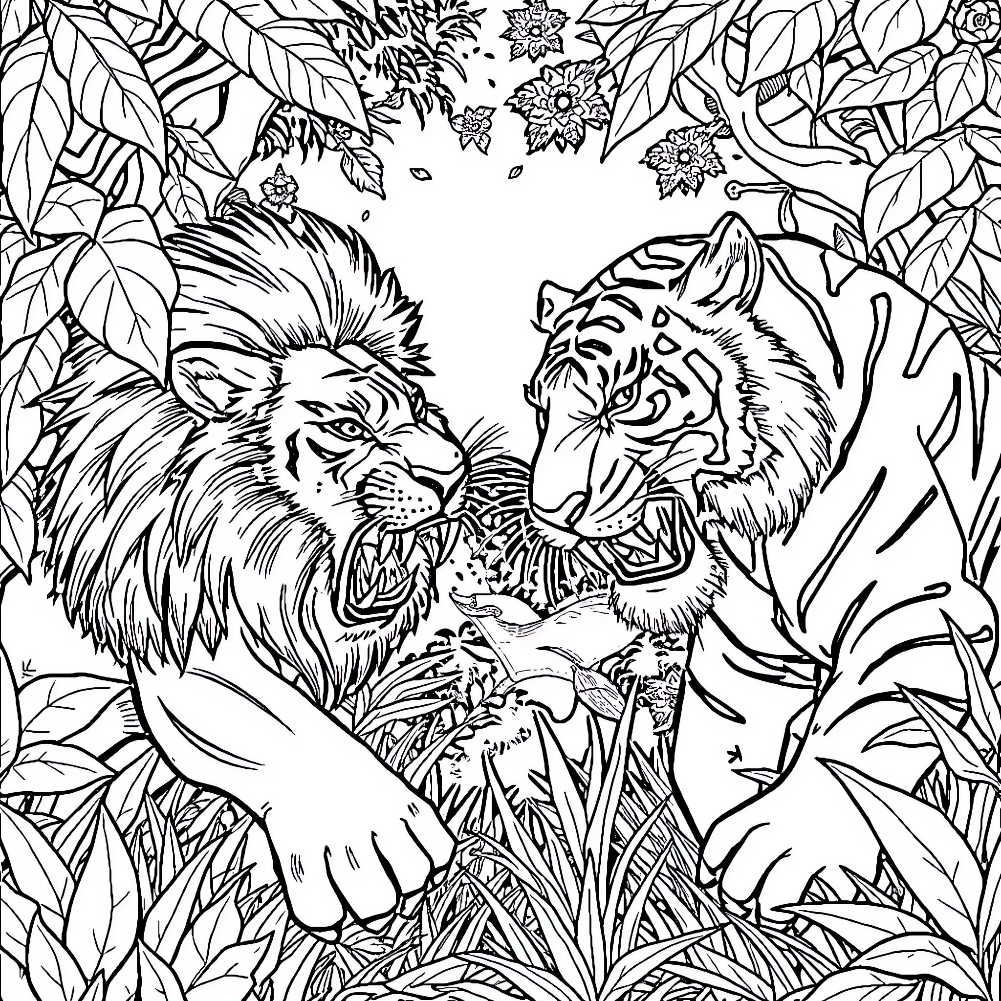 Lion Roar Echoing in Lush Jungle Coloring Page (free black-and-white line drawing printable PDF for all, from beginners to advanced learners, including children, teens, adults, and seniors)
