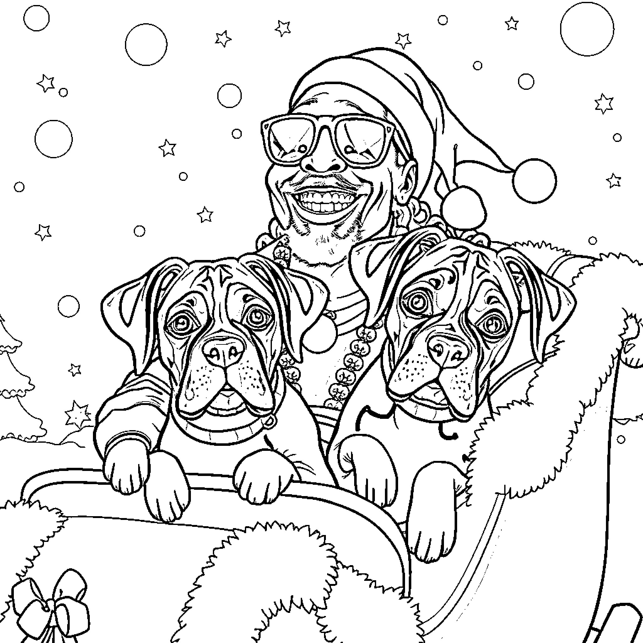 Snoop Dogg smiling with two dogs in the snow Coloring Page (free black-and-white line drawing printable PDF for all, from beginners to advanced learners, including children, teens, adults, and seniors)