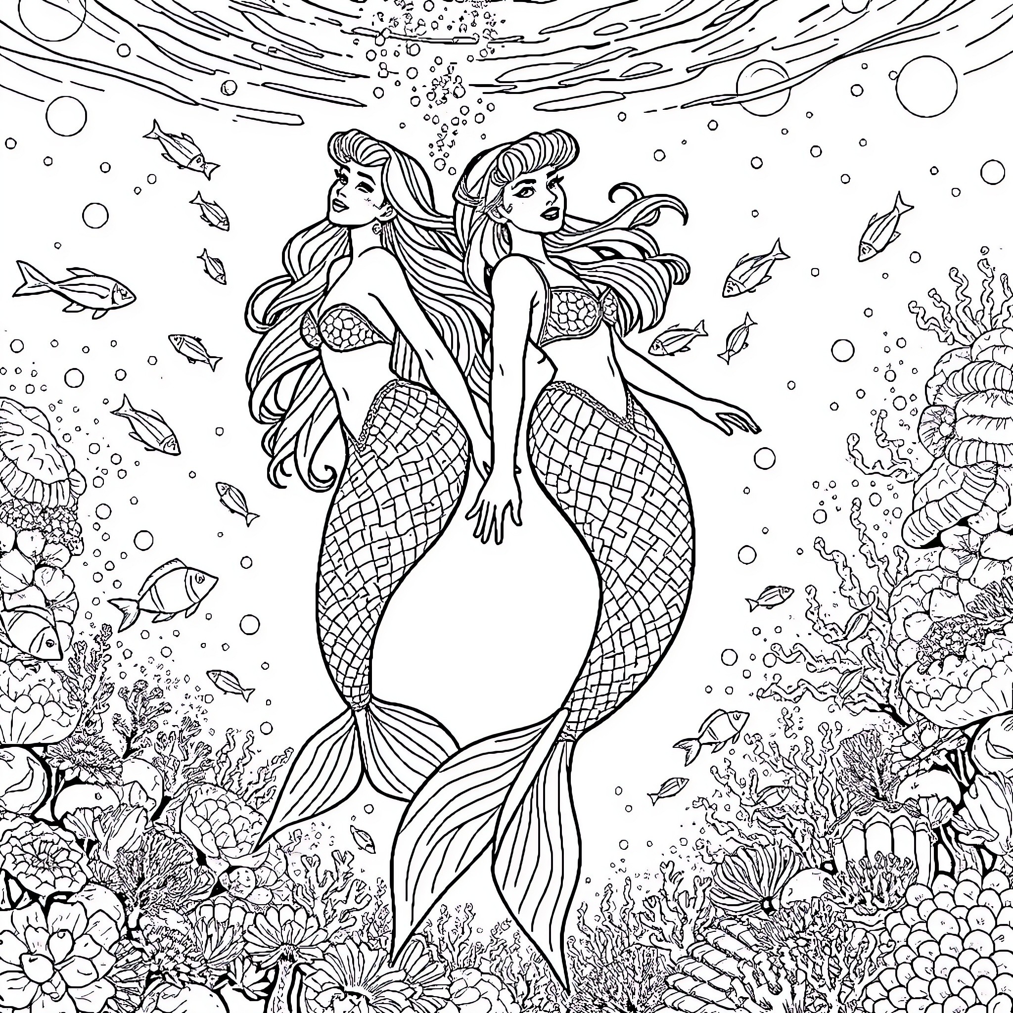Mermaid sisters swimming gracefully in the ocean Coloring Page (free black-and-white line drawing printable PDF for all, from beginners to advanced learners, including children, teens, adults, and seniors)