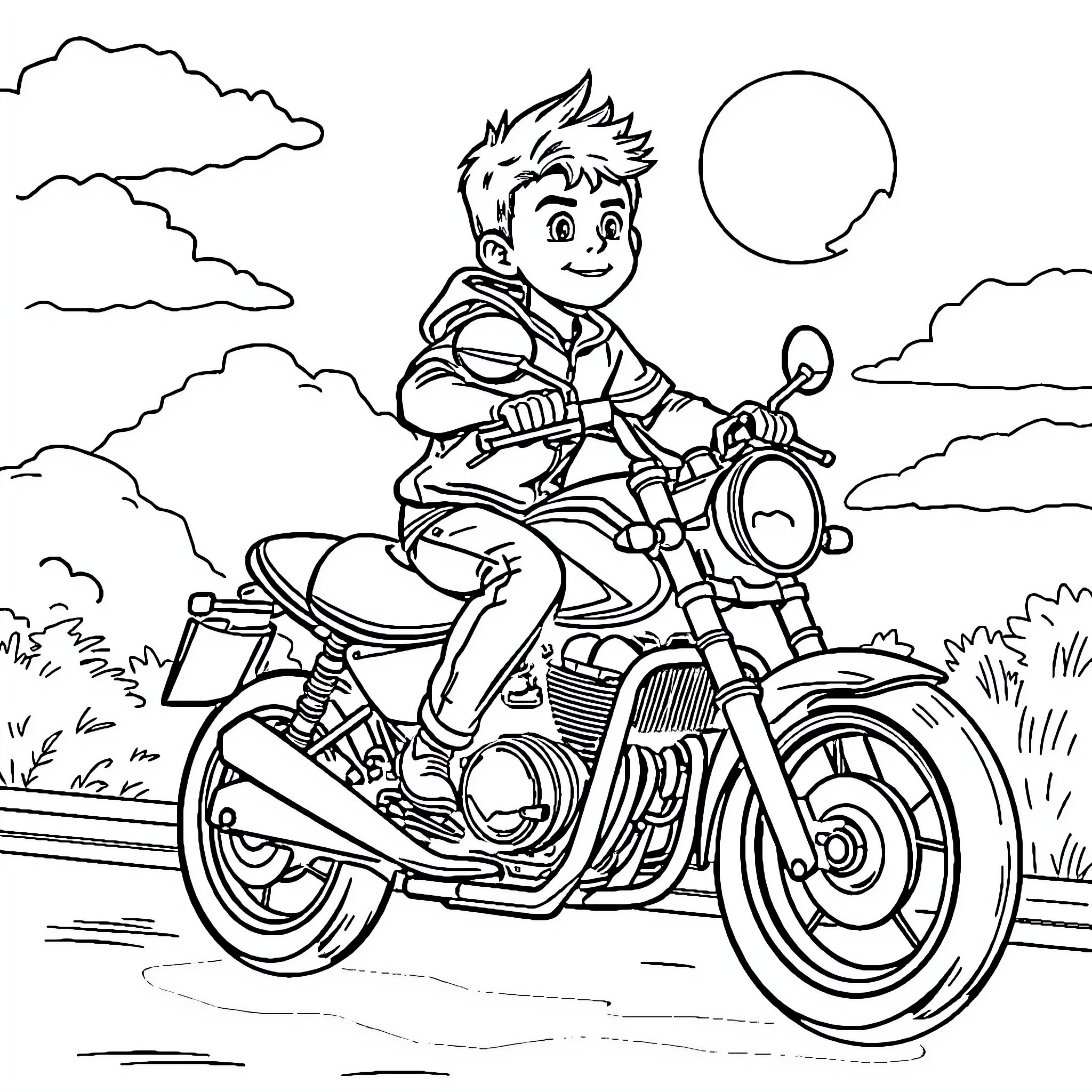 Red Kid riding a motorcycle in nature Coloring Page (free black-and-white line drawing printable PDF for all, from beginners to advanced learners, including children, teens, adults, and seniors)