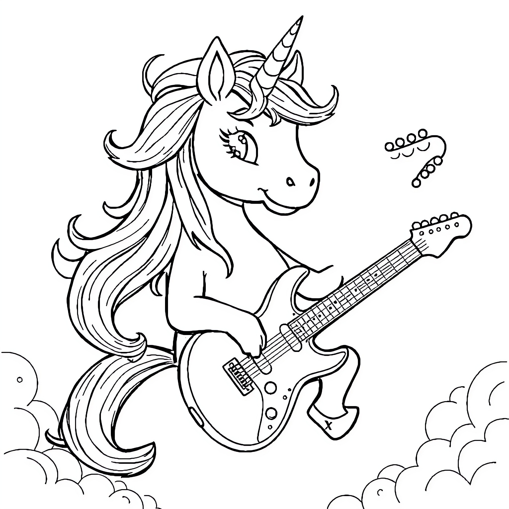 Unicorn playing electric guitar in the clouds Coloring Page (free black-and-white line drawing printable PDF for all, from beginners to advanced learners, including children, teens, adults, and seniors)