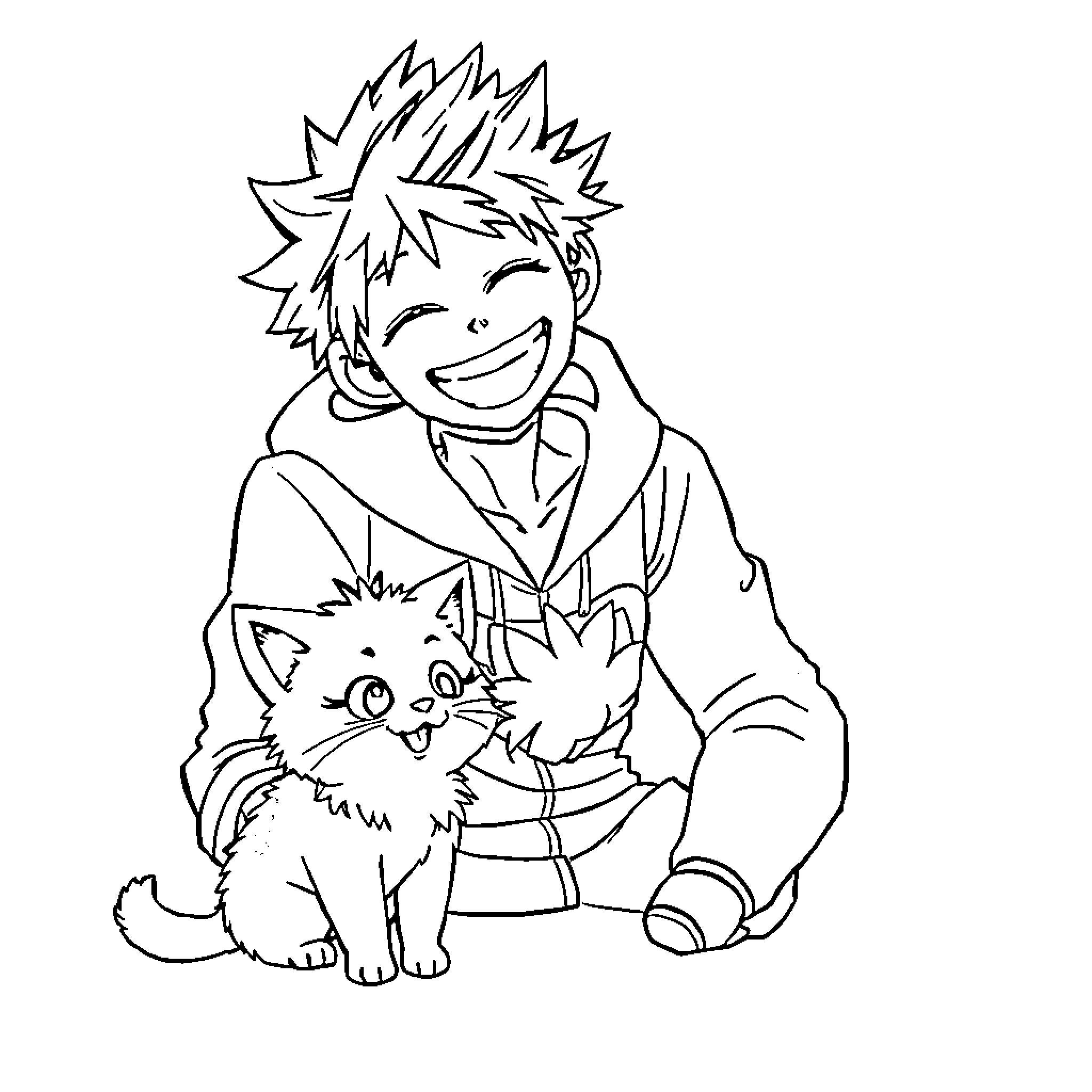 Bakugo sharing a happy moment with his pet Coloring Page (free black-and-white line drawing printable PDF for all, from beginners to advanced learners, including children, teens, adults, and seniors)