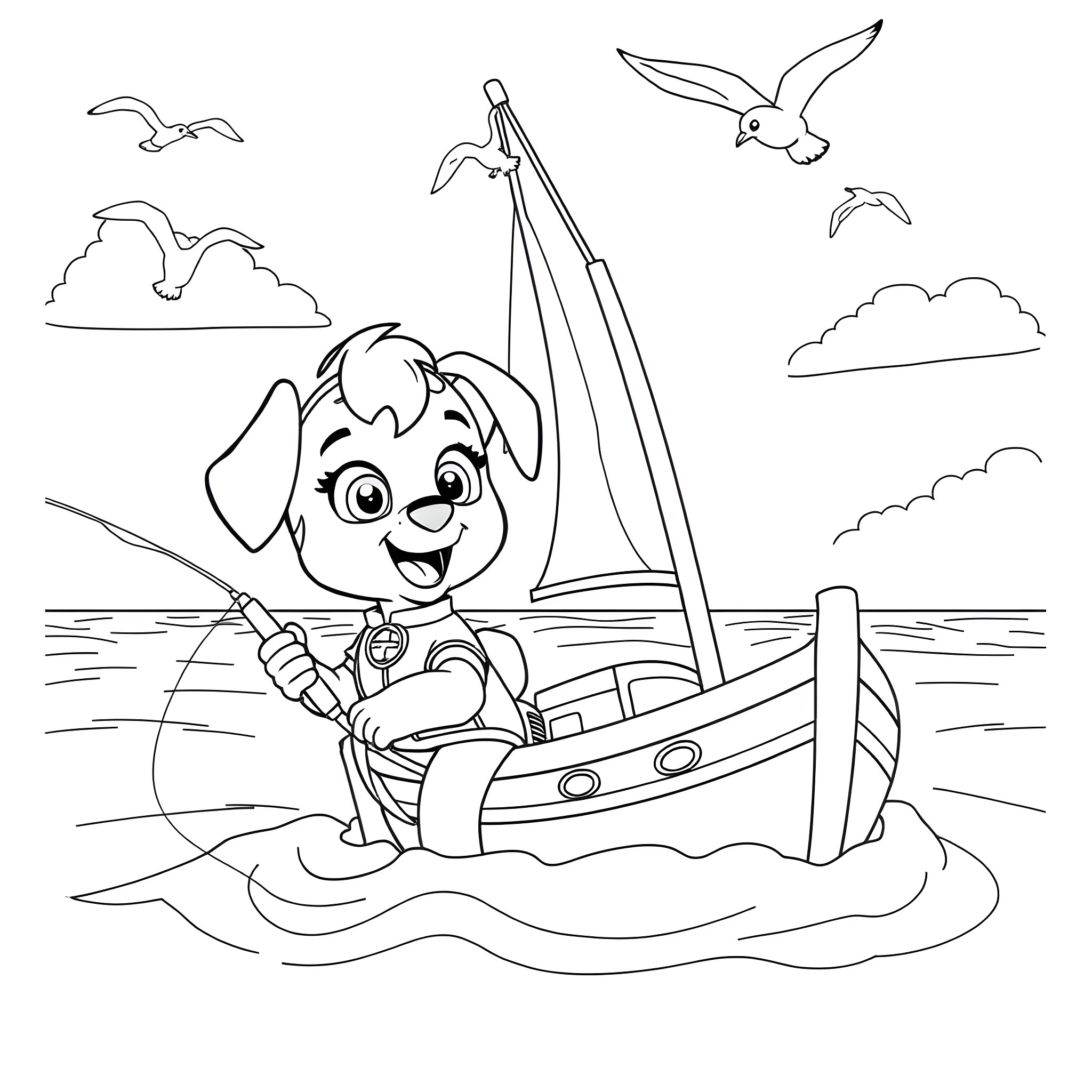 Skye sailing happily on the ocean with seagulls Coloring Page (free black-and-white line drawing printable PDF for all, from beginners to advanced learners, including children, teens, adults, and seniors)