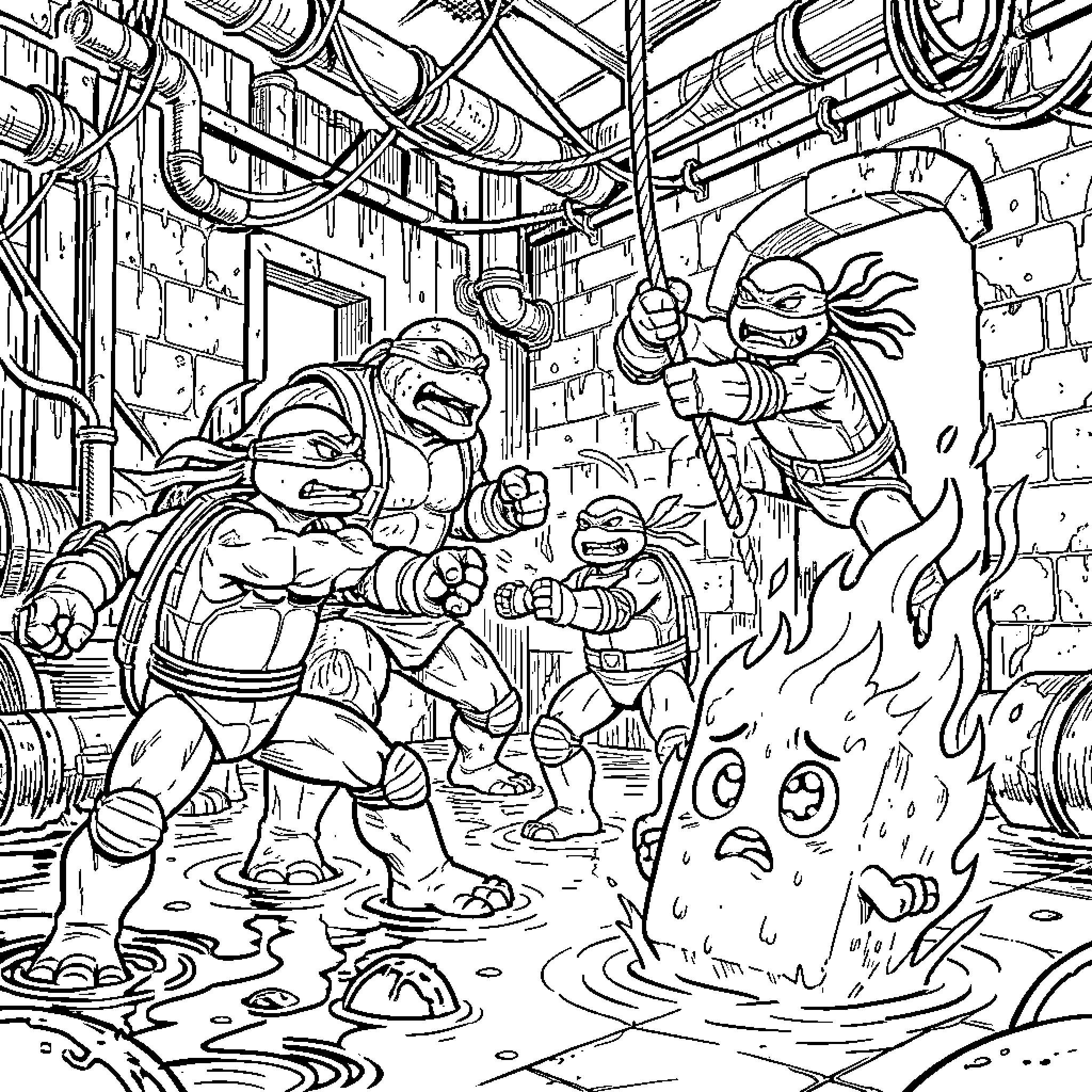 Ninja Turtles in Action-Packed Sewer Adventure Coloring Page (free black-and-white line drawing printable PDF for all, from beginners to advanced learners, including children, teens, adults, and seniors)