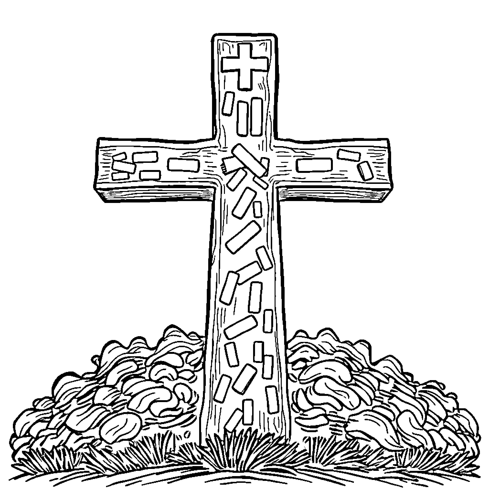 Cross standing amidst rocky terrain Coloring Page (free black-and-white line drawing printable PDF for all, from beginners to advanced learners, including children, teens, adults, and seniors)