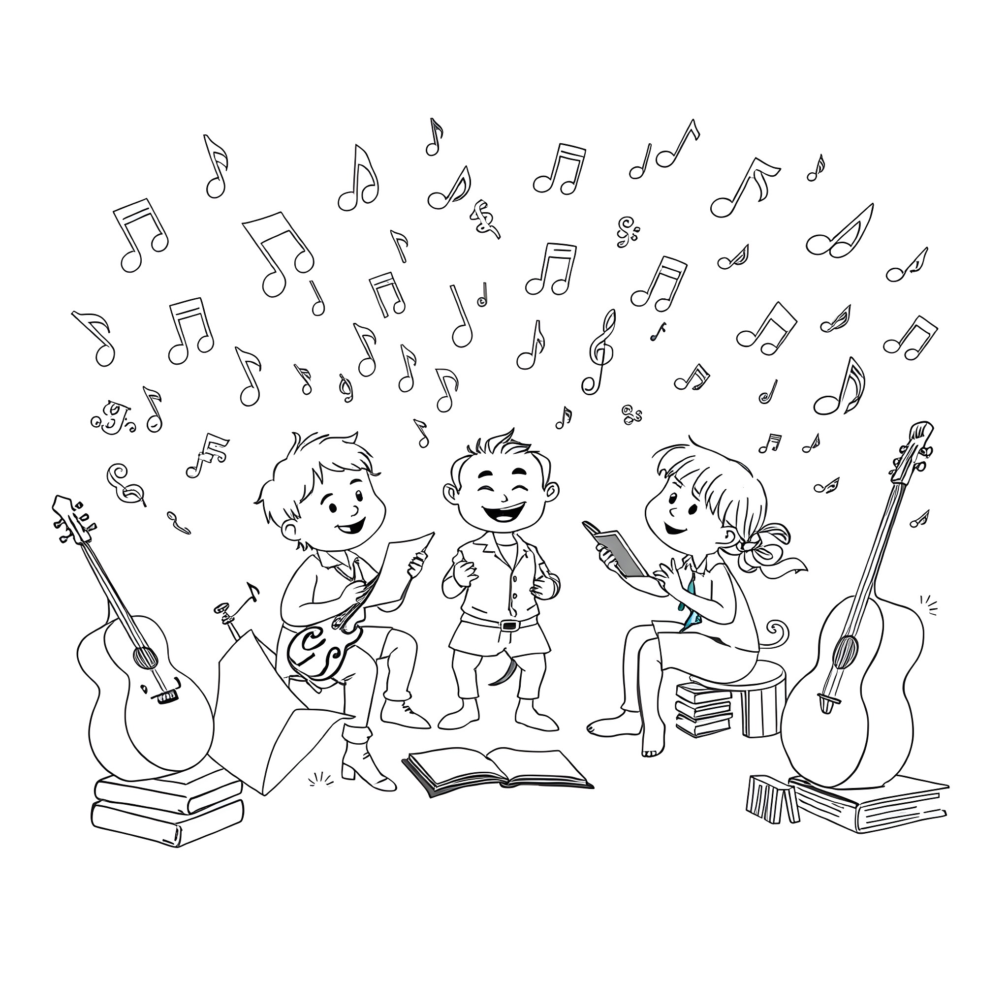 Phonetics: Children playing music with instruments and notes Coloring Page (free black-and-white line drawing printable PDF for all, from beginners to advanced learners, including children, teens, adults, and seniors)