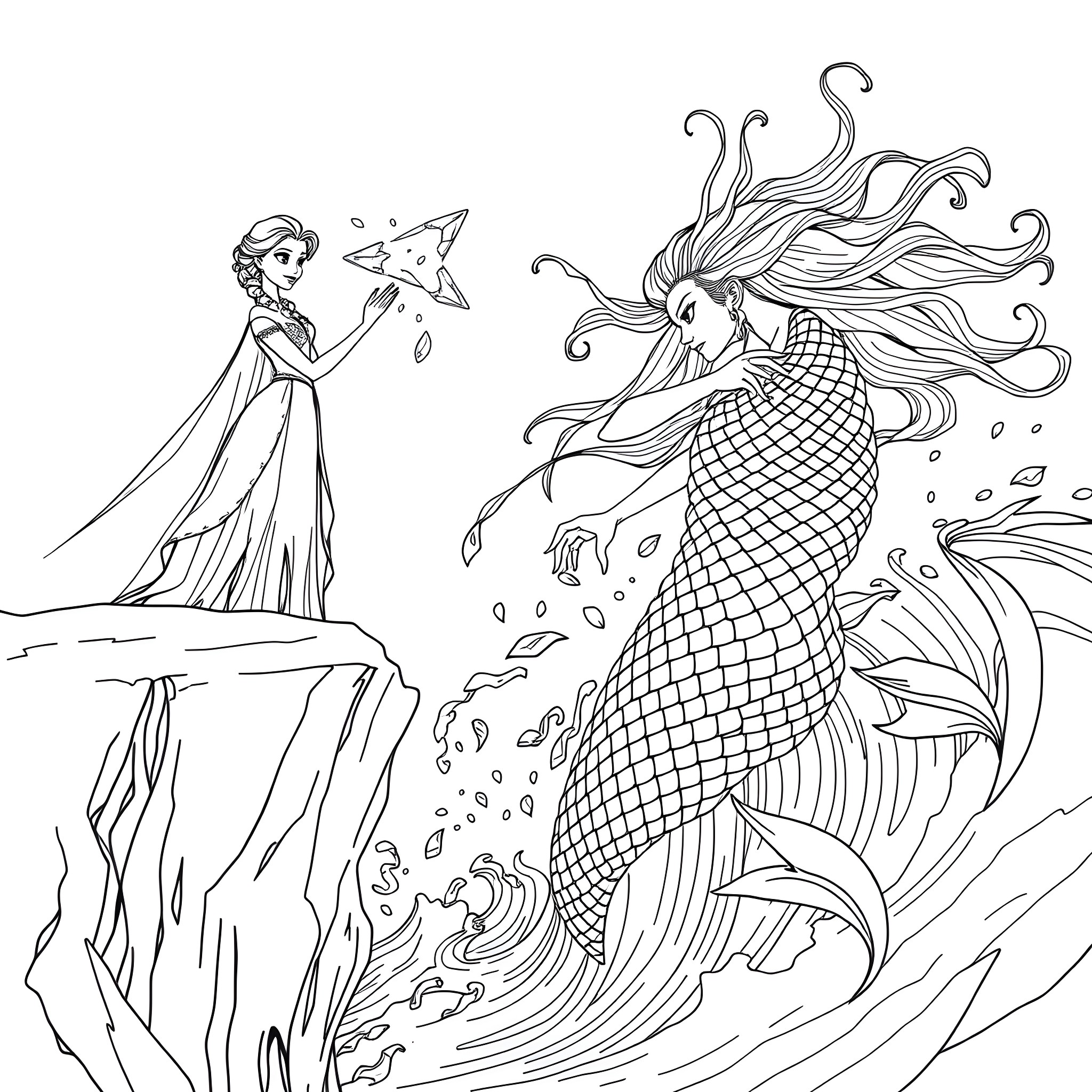 Elsa's Enchanting Encounter with the Mysterious Mermaid Coloring Page (free black-and-white line drawing printable PDF for all, from beginners to advanced learners, including children, teens, adults, and seniors)