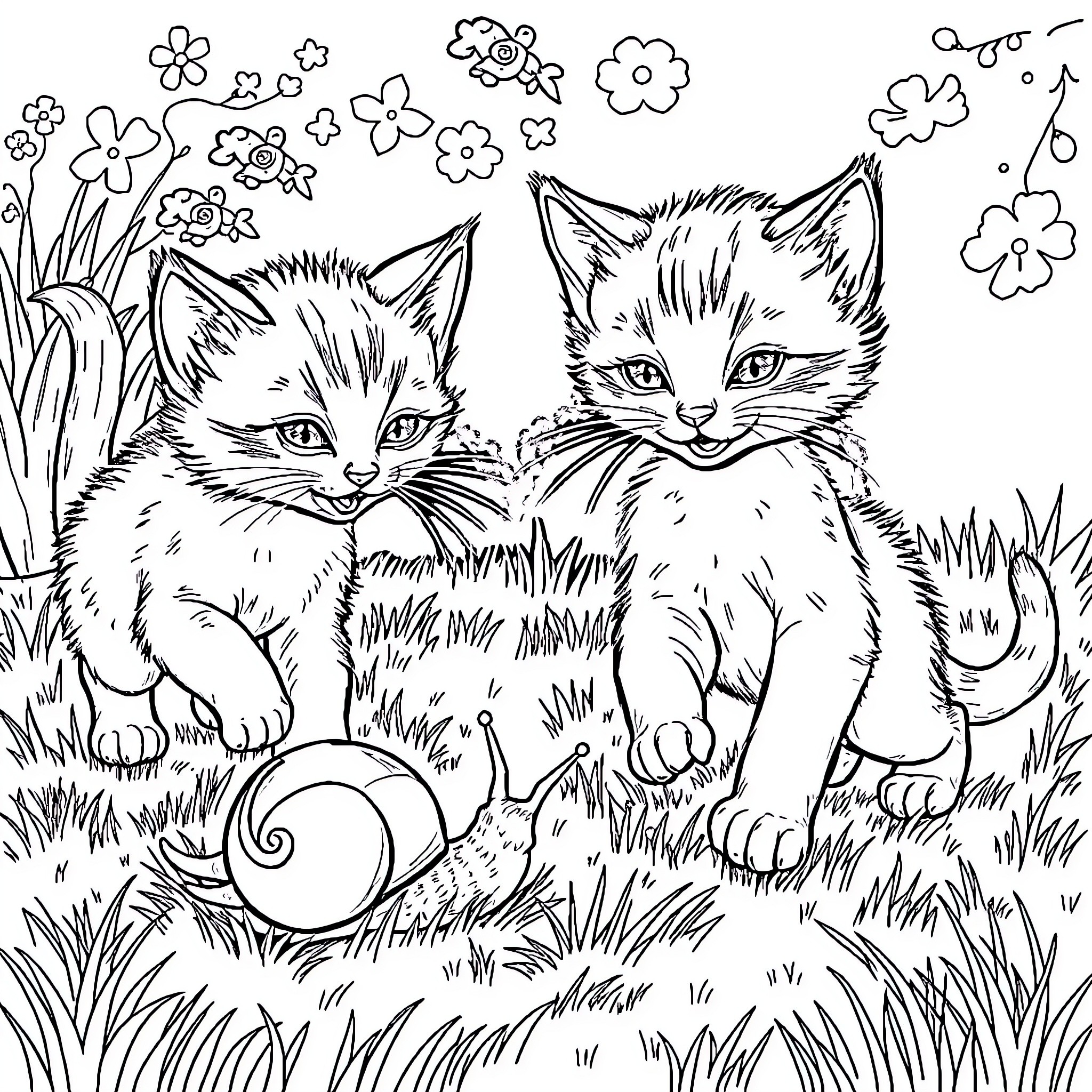 Kittens playing in the meadow Coloring Page (free black-and-white line drawing printable PDF for all, from beginners to advanced learners, including children, teens, adults, and seniors)