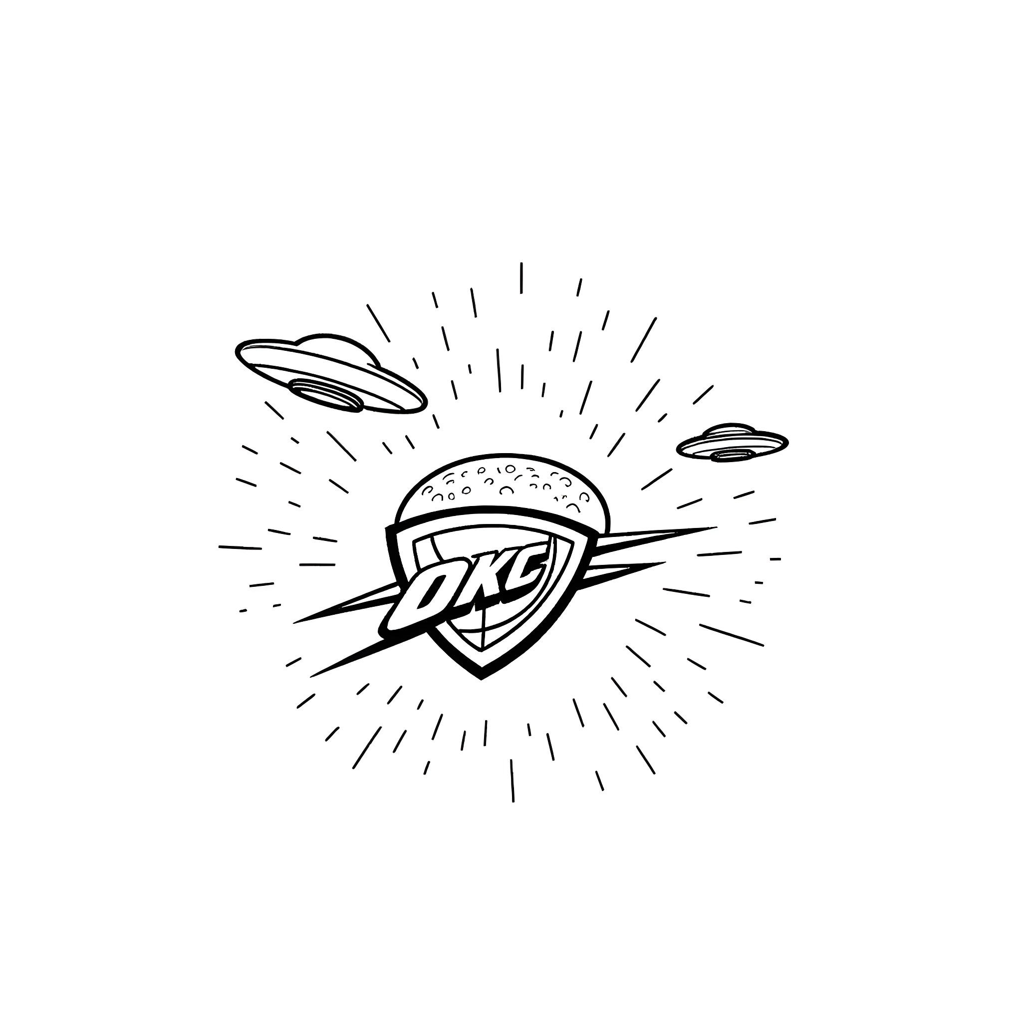 Hamburger UFO in Cosmic Explosion Coloring Page (free black-and-white line drawing printable PDF for all, from beginners to advanced learners, including children, teens, adults, and seniors)