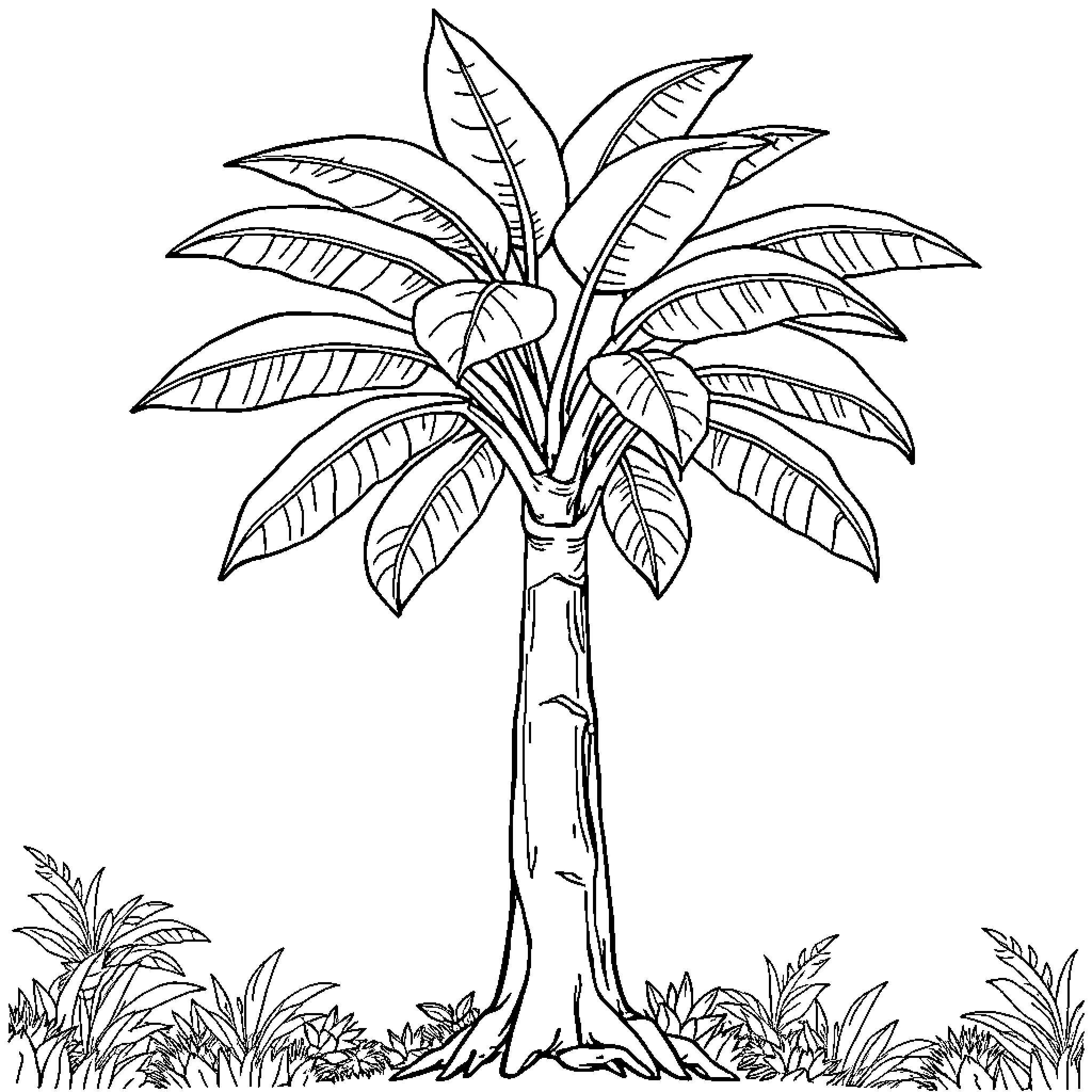 Rubber Tree with Lush Foliage in the Jungle Coloring Page (free black-and-white line drawing printable PDF for all, from beginners to advanced learners, including children, teens, adults, and seniors)