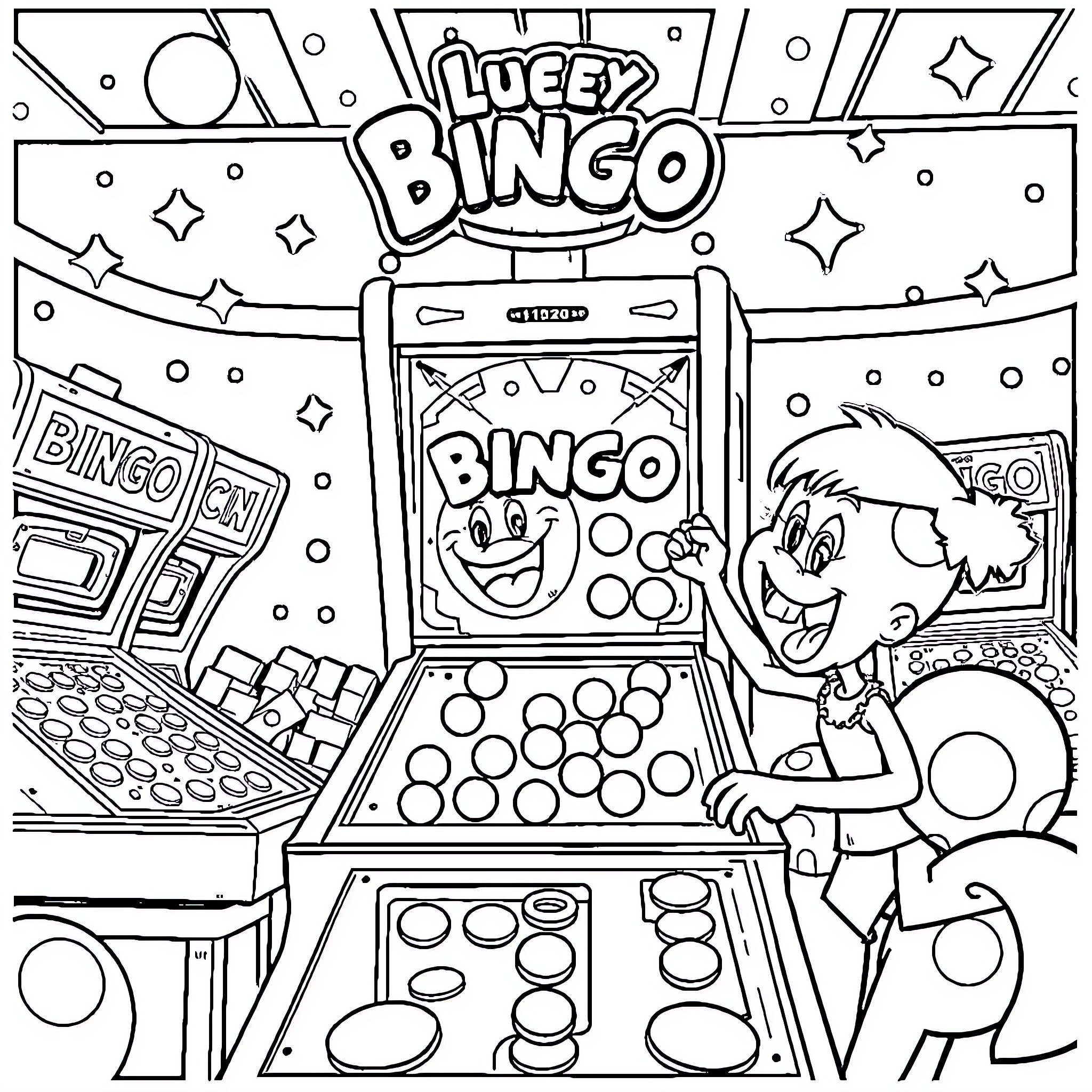 Bluey playing bingo in a fun, animated arcade scene Coloring Page (free black-and-white line drawing printable PDF for all, from beginners to advanced learners, including children, teens, adults, and seniors)