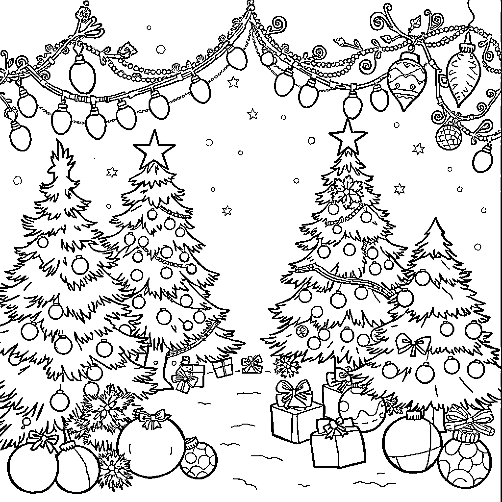 Christmas scene with decorated trees and ornaments Coloring Page (free black-and-white line drawing printable PDF for all, from beginners to advanced learners, including children, teens, adults, and seniors)