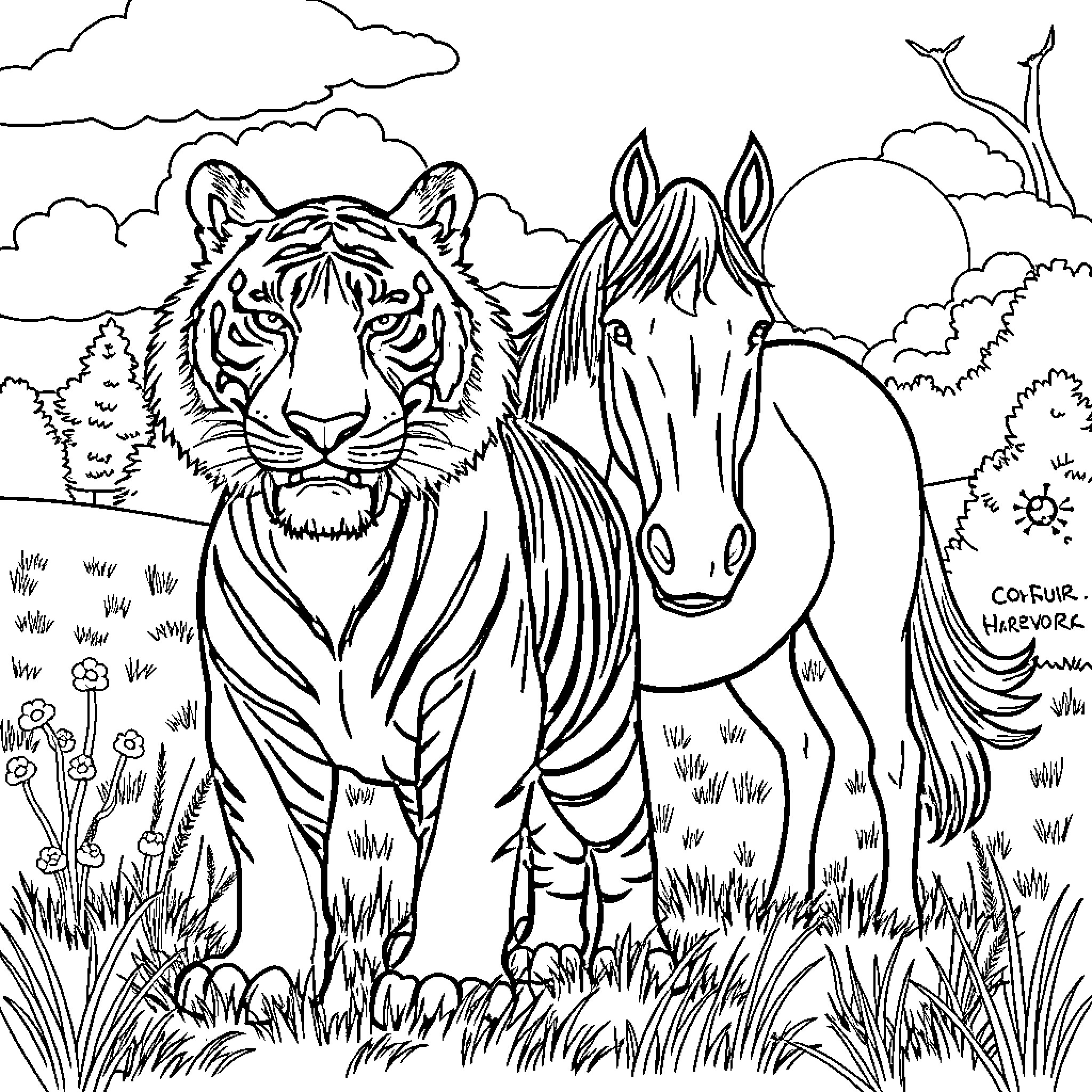 Tiger and horse together in natural scenery Coloring Page (free black-and-white line drawing printable PDF for all, from beginners to advanced learners, including children, teens, adults, and seniors)