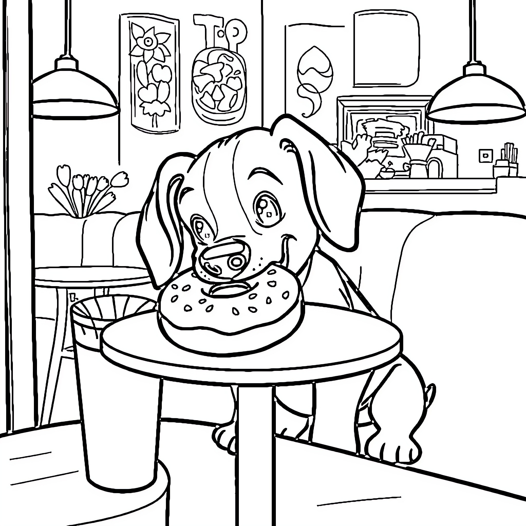 Sausage Dog Enjoys a Delicious Doughnut Coloring Page (free black-and-white line drawing printable PDF for all, from beginners to advanced learners, including children, teens, adults, and seniors)