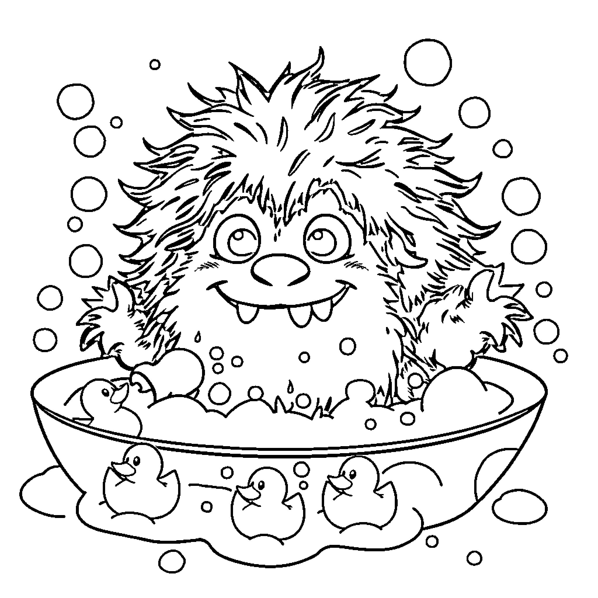 Monster enjoying a bubbly bath with rubber duckies Coloring Page (free black-and-white line drawing printable PDF for all, from beginners to advanced learners, including children, teens, adults, and seniors)