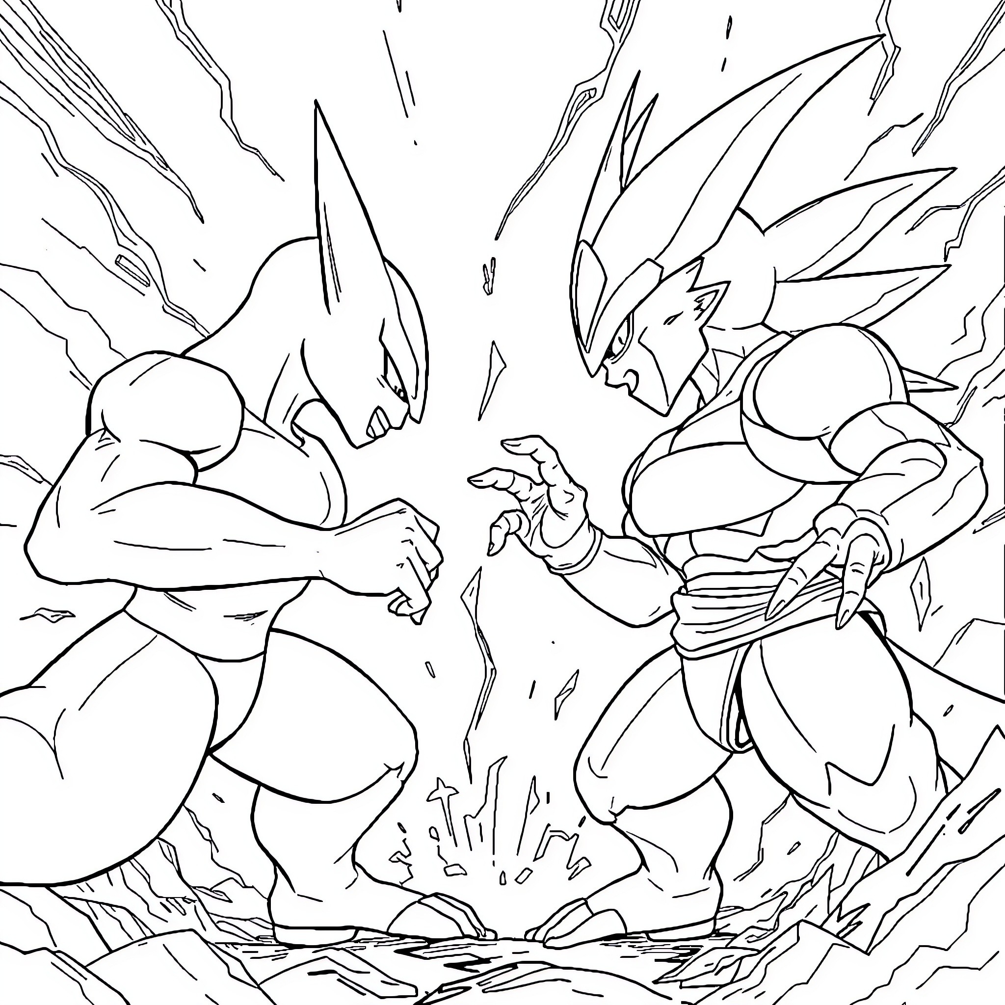Mewtwo's Powerful Clash with an Adversary Coloring Page (free black-and-white line drawing printable PDF for all, from beginners to advanced learners, including children, teens, adults, and seniors)