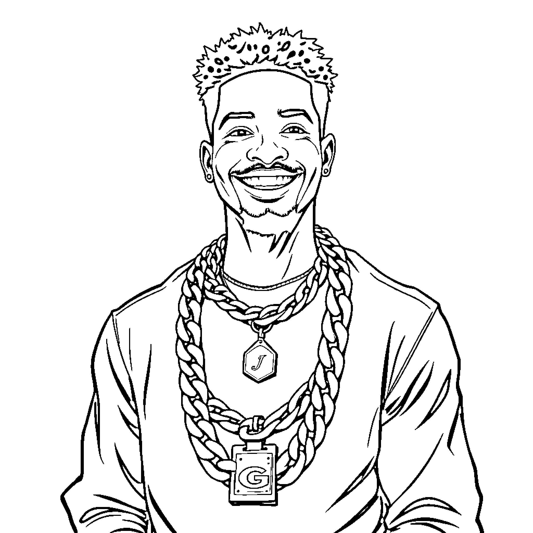 Justin Jefferson portrait with braided hairstyle and jewelry Coloring Page (free black-and-white line drawing printable PDF for all, from beginners to advanced learners, including children, teens, adults, and seniors)