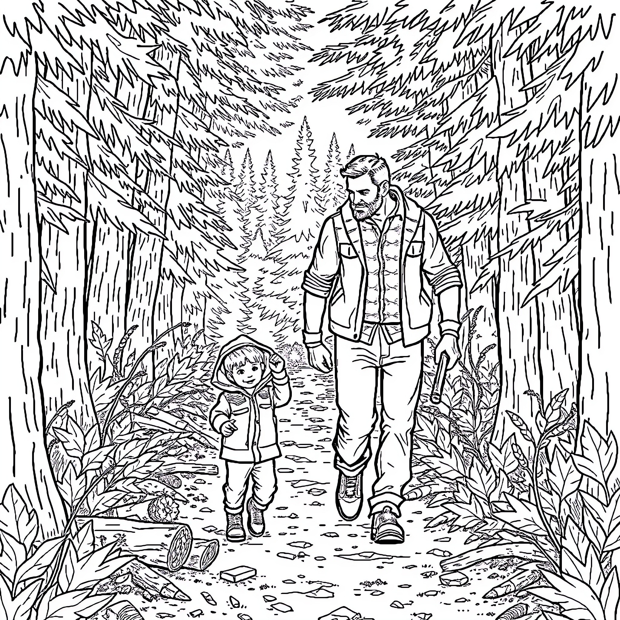 Dad and child hiking through the forested trail Coloring Page (free black-and-white line drawing printable PDF for all, from beginners to advanced learners, including children, teens, adults, and seniors)