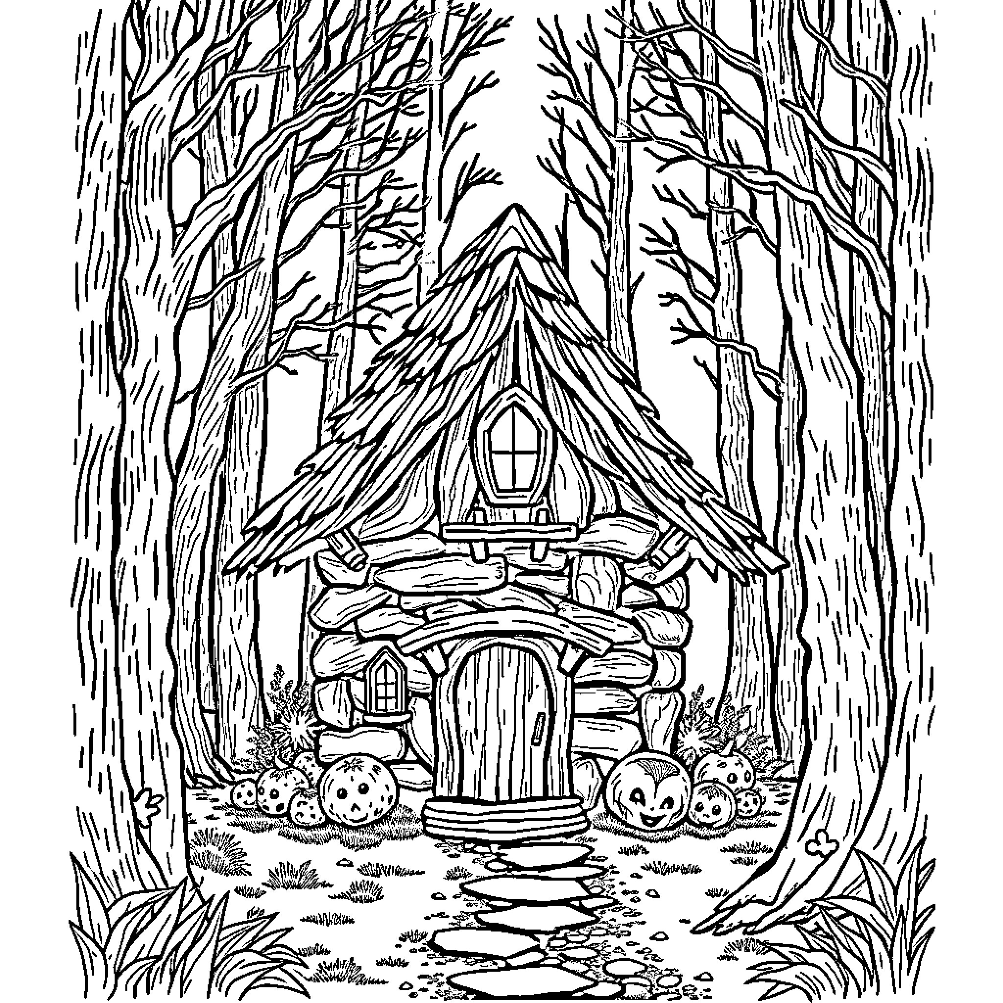 Cottage in the enchanted forest Coloring Page (free black-and-white line drawing printable PDF for all, from beginners to advanced learners, including children, teens, adults, and seniors)