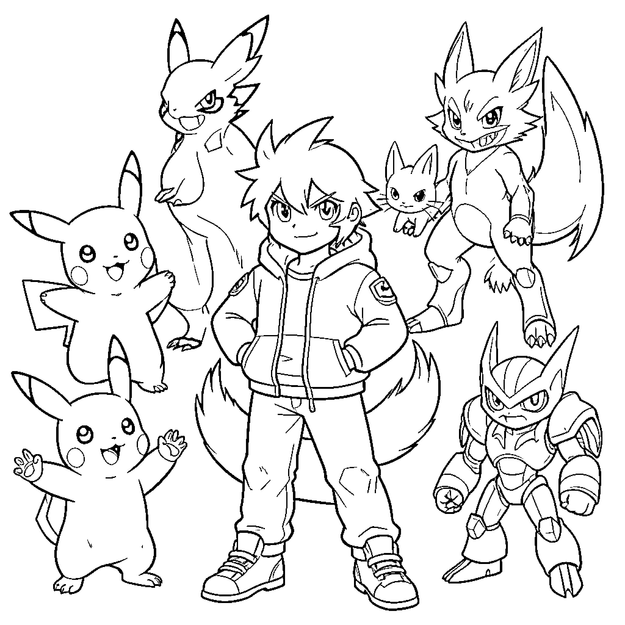 Pokémon characters standing together with a confident trainer Coloring Page (free black-and-white line drawing printable PDF for all, from beginners to advanced learners, including children, teens, adults, and seniors)