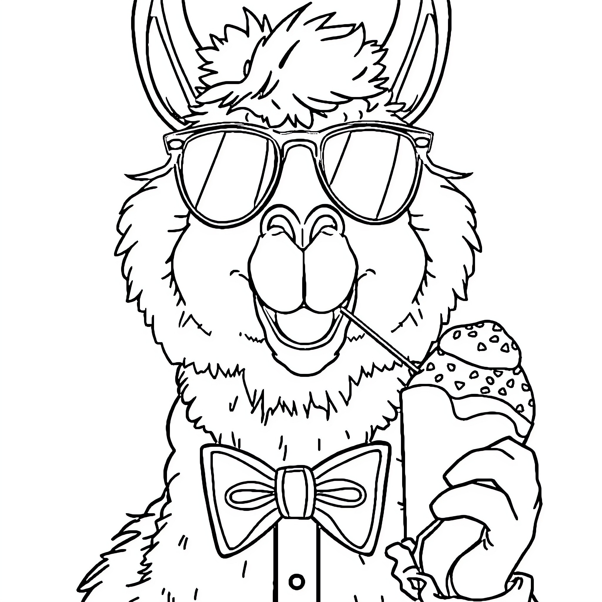 Llama wearing sunglasses and bowtie in a playful pose Coloring Page (free black-and-white line drawing printable PDF for all, from beginners to advanced learners, including children, teens, adults, and seniors)