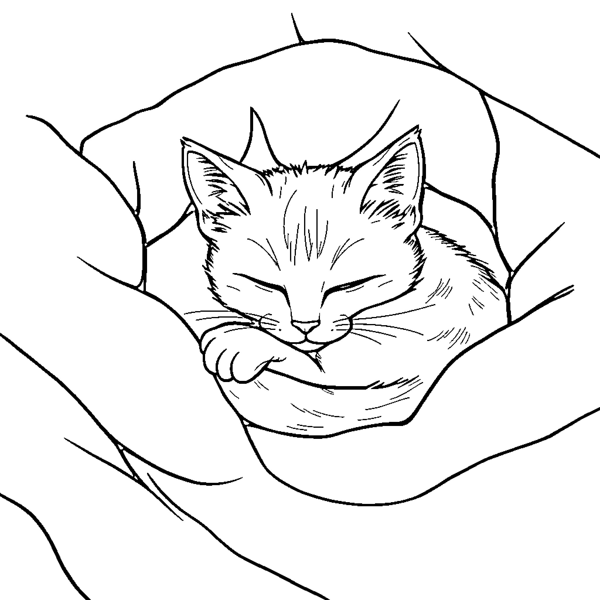 Cat sleeping peacefully in a cozy nest Coloring Page (free black-and-white line drawing printable PDF for all, from beginners to advanced learners, including children, teens, adults, and seniors)