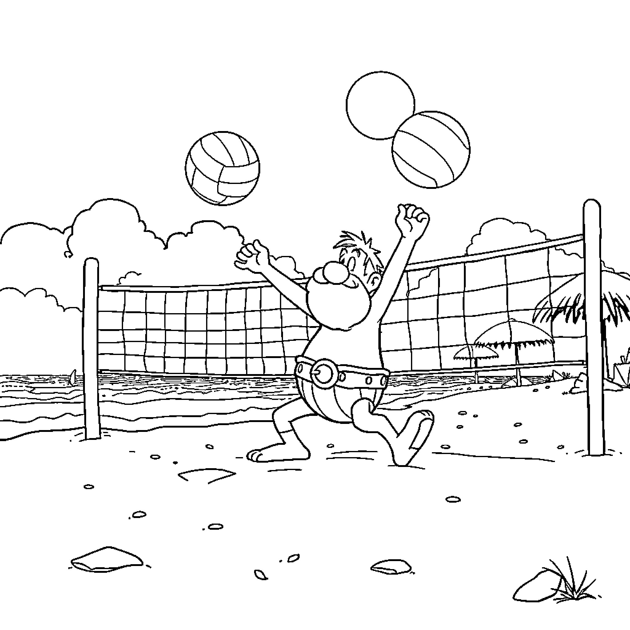 Asterix playing beach volleyball on a sunny day Coloring Page (free black-and-white line drawing printable PDF for all, from beginners to advanced learners, including children, teens, adults, and seniors)