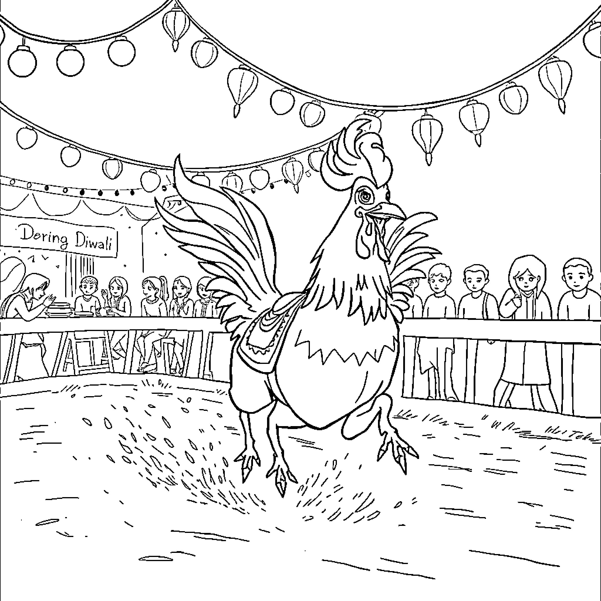 Chicken celebrating festive Diwali with people Coloring Page (free black-and-white line drawing printable PDF for all, from beginners to advanced learners, including children, teens, adults, and seniors)